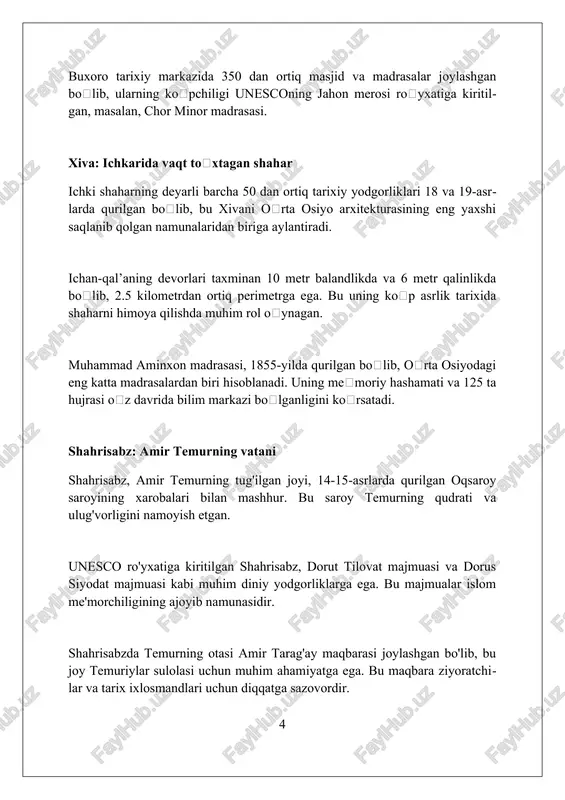 oʻronlarni kamaytirish uchun saksovul daraxtlarini ekish va suvni tejovchi irrigatsiya usullarini joriy etish. boysun: an'anaviy hayot va tog'lar boysunning unesco tomonidan 2008-yilda roʻyxatga olingan boy madaniy merosi, 1000 yillik tarixga ega boʻlgan baxshi sanʼati bilan ajralib turadi. boysun togʻlari oʻzbekistonning eng baland choʻqqilaridan biri boʻlgan khazrati sulton choʻqqisiga ega, uning balandligi 4,643 metrga yetadi. boysun hududida soʻfikorgon nomli noyob qishloq bor, u yerda aholi asrlar davomida saqlanib qolgan oʻziga xos anʼanalarga amal qiladi. zomin: tog'li dam olish maskani zomin milliy bog'ida 1926 yilda tashkil etilgan bo'lib, maydoni 37 ming gektardan ortiq. bu yerda noyob archazorlar va turli xil o'simliklar dunyosi mavjud. zomin tog'larida 3225 metr balandlikka ko'tarilgan chordara cho'qqisi joylashgan. bu mintaqa alpinizm va tog' turizmi uchun katta imkoniyatlar yaratadi. zomin hududida 14-asrga oid xumoyun maqbarasi kabi tarixiy obidalar mavjud. bu joy qadimiy me'morchilik va madaniy meros bilan qiziqqan sayyohlar uchun qiziqarlidir. sirdaryo: oqoltin va hosildorlik zamini oqoltin tumani paxtachilikda …