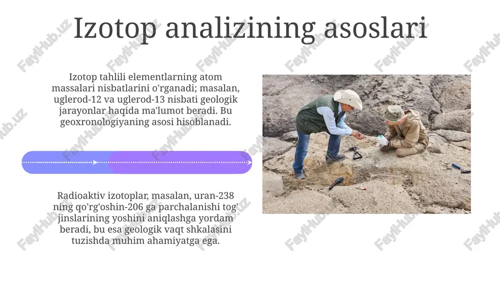 ajralishi va differentsiatsiyalashuvini izotop nisbatlari (masalan, 143nd/144nd) orqali o'rganish magmatik jinslarning kelib chiqishi va evolyutsiyasi haqida ma'lumot beradi. izotoplar geoxronologiyasi, masalan, radiometrik usullar (u-pb, sm-nd) orqali yer qobig'ining absolyut yoshini aniqlashga yordam beradi, bu esa uning rivojlanish bosqichlarini belgilaydi. uskunalar va usullar mass-spektrometriya uskunalari atomlarning izotop nisbatlarini aniq o'lchash uchun ishlatiladi, bu esa geologik namunalarning kelib chiqishi va yoshini belgilashda muhim ahamiyatga ega. la-icp-ms (lazer ablation inductively coupled plasma mass spectrometry) usuli namunaning kichik nuqtalaridan izotoplarni olib, yuqori aniqlikdagi izotop tahlilini ta'minlaydi. xulosa xulosa izotop tahlili geologik razvedkada mineral resurslar, masalan, uran (235u/238u) va qo'rg'oshin (206pb/204pb), kelib chiqishini aniqlashda muhim rol o'ynashini ta'kidlaydi. yakuniy xulosada izotopik ma'lumotlar 14c radiokarbon yordamida gidrotermal tizimlar yoshini aniqlash, kon hosil bo'lish jarayonlarini tushunish va mineralizatsiya bo'yicha bashoratlar berish imkonini beradi. e'tiboringiz uchun rahmat image5.jpg image6.jpg image7.jpg image8.jpg image9.jpg image10.jpg image11.jpg image12.jpg image13.jpg image14.jpg image15.jpg image16.jpg image17.jpg image18.jpg image19.jpg image20.jpg image21.jpg image1.jpeg image2.jpeg image3.jpeg