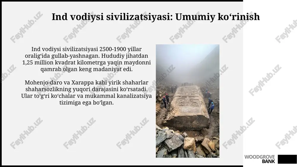 ularni 4 ta ruhoniy (brahmana, adxvaryu, xotir, udgatir) amalga oshirgan va bu orqali xudolar bilan aloqa o'rnatilgan. upanishadlar, taxminan miloddan avvalgi 800-500 yillarda yaratilgan, brahmanizmning qurbonlikka asoslangan diniy amaliyotlariga qarshi chiqib, ichki tajriba va meditatsiyani targ'ib qilgan. woodgrove bank yangi dinlarning paydo boʻlishi: buddizm va jainizm buddizm, miloddan avvalgi 6-asrda siddhartha gautama tomonidan asos solingan, vedalar qurbonliklariga qarshi chiqib, azobdan xalos bo'lish yo'lini taklif qilgan. jainizm, 24 ta tirthankara orqali rivojlangan, ahinsa (zo'ravonliksizlik) tamoyiliga asoslangan bo'lib, har bir tirik mavjudotga hurmat ko'rsatishni targ'ib qiladi. woodgrove bank mauryalar imperiyasi: qisqacha chandragupta maurya miloddan avvalgi 322-yilda nanda sulolasini ag‘darib tashlab, mauriyalar imperiyasiga asos solgan. uning imperiyasi hindiston yarimorolining katta qismini qamrab olgan. ashoka hukmronligi davrida (miloddan avvalgi 268-232 yillar) mauriyalar imperiyasi eng yuqori cho‘qqisiga chiqdi. u buddizm dinini qabul qilib, uni keng tarqatdi. woodgrove bank e'tiboringiz uchun rahmat woodgrove bank image2.jpg image3.jpg image4.jpg image5.jpg image6.jpg image7.jpg image8.jpg image9.jpg image10.jpg image11.jpg image12.jpg image13.jpg …