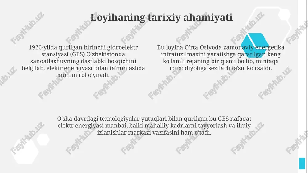 ment zavodi, bu esa iqtisodiy o'sishni ta'minladi. stansiya qurilishi yangi ish o'rinlarini yaratdi, mahalliy aholini texnik ko'nikmalarga o'rgatdi va ularning oylik daromadlarini o'rtacha 30% ga ko'tardi, bu esa turmush darajasini yaxshiladi. gesning ishga tushirilishi va ekspluatatsiya davri bo'zsuv gesning uzoq yillik ekspluatatsiyasi davomida, u o'zbekiston iqtisodiyotiga katta hissa qo'shdi va respublikaning energiya ta'minotida muhim rol o'ynadi. bo'zsuv ges 1926-yilda ishga tushirilgan bo'lib, dastlabki quvvati 7.2 mvtni tashkil etgan. bu o'zbekistonda gidroenergetikaning rivojlanishiga turtki bo'lgan muhim voqea edi. gesning ekspluatatsiya davrida uning quvvati bir necha bor oshirildi. masalan, 1960-yillarda modernizatsiya qilinib, elektr energiyasi ishlab chiqarish hajmi sezilarli darajada ko'paytirildi. keyingi modernizatsiya va takomillashtirishlar 1950-yillarda turbinalar va generatorlar modernizatsiya qilinib, umumiy quvvat 25 mvtgacha oshirildi, bu esa elektr ta'minotini 15% ga yaxshiladi. 80-yillarda avtomatlashtirish tizimlari joriy etilib, gidroagregatlarning ish samaradorligi 10% ga ko'tarildi va xizmat ko'rsatish xarajatlari qisqartirildi. 2010-yillarda gidroenergetika uskunalari to'liq yangilandi, natijada elektr energiyasi ishlab chiqarish hajmi 30% ga oshib, …