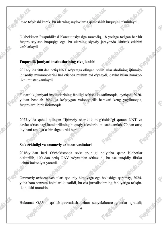 ishlab chiqildi. biznes yuritish shartlarini yaxshilash maqsadida 100 dan ortiq me'yoriy-huquqiy hujjatlarga o'zgartirishlar kiritildi, bu esa investitsiyalarni rag'batlantirishga qaratilgan. mintaqaviy siyosat va tashqi aloqalar o'zbekiston markaziy osiyo davlatlari bilan pragmatik munosabatlarni rivojlantirishga ustuvor ahamiyat beradi, ayniqsa suv resurslari va chegaralar bo'yicha muzokaralarni faollashtirish orqali. mamlakatning tashqi siyosati trans-afg'oniston temir yo'li loyihasi kabi mintaqaviy transport va energetika loyihalarini ilgari surish, shu orqali iqtisodiy integratsiyani kuchaytirishga qaratilgan. o'zbekiston shanxay hamkorlik tashkiloti (shht) doirasida xavfsizlikni ta'minlash va terrorizmga qarshi kurashishda faol ishtirok etadi, bu mintaqaviy barqarorlik uchun muhim ahamiyatga ega. inson huquqlari va erkinliklari oʻzbekiston konstitutsiyasining 2-bobida inson huquqlari va erkinliklari kafolatlangan, lekin amalda ba'zi cheklovlar mavjud, ayniqsa soʻz erkinligi va diniy e'tiqod boʻyicha. 2021-yildan boshlab bu sohalarda islohotlar davom etmoqda. 2016-yildan soʻng oʻzbekistonda majburiy mehnatga qarshi kurash kuchaytirildi, paxta terimida bolalar mehnati deyarli yoʻq qilindi. ammo, xalqaro tashkilotlar bu borada toʻliq erishilmaganligini ta'kidlashmoqda. oʻzbekistonda fuqarolik jamiyati institutlari rivojlanishi sekin kechmoqda. notijorat tashkilotlar …