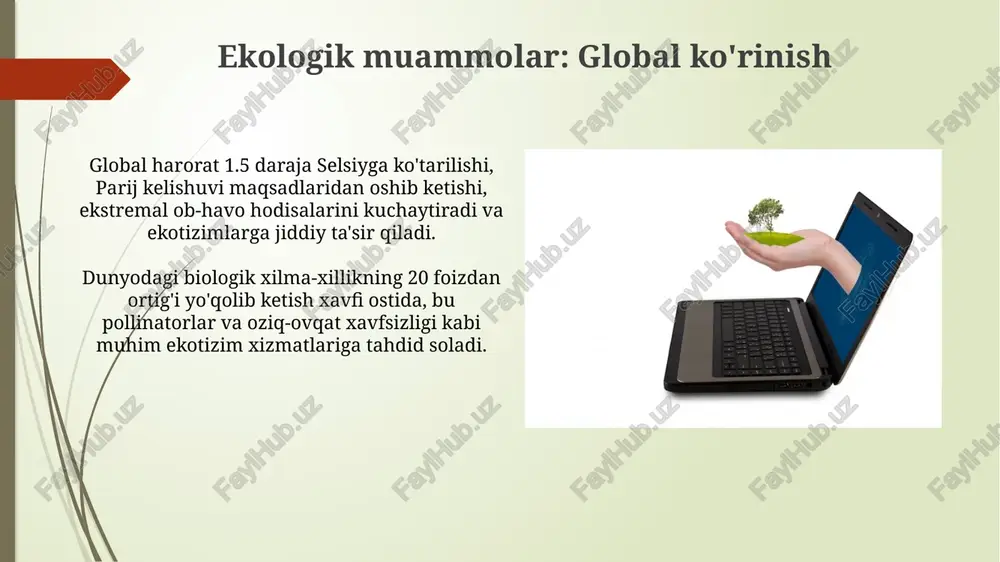 oplamining o'zgarishini kuzatib boradi, bu esa noqonuniy daraxt kesish holatlarini 30% ga kamaytirishga yordam beradi. xulosa va kelajak istiqbollari kelajakda sun'iy intellekt 3.0 atrof-muhit monitoringini 95% gacha aniqlashtiradi va prognozlarni yaxshilaydi, resurslarni tejashga yordam beradi. blokcheyn texnologiyasi 2030 yilga borib karbon kreditlari savdosini 70 milliard dollarga yetkazishi mumkin, shaffoflik va ishonchni ta'minlaydi. e'tiboringiz uchun rahmat image2.jpg image3.jpg image4.jpg image5.jpg image6.jpg image7.jpg image8.jpg image9.jpg image10.jpg image11.jpg image12.jpg image13.jpg image14.jpg image15.jpg image16.jpg image17.jpg