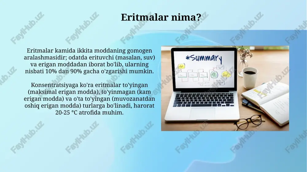 qlash muhim. kislotalar uchun bu molyar massani asoslilikka, asoslar uchun esa kislotalilikka bo'lish orqali topiladi. misol uchun, h3po4 ning ekvivalent massasi m/3 ga teng. eritmalarni suyultirish eritmani suyultirish, erituvchi qo'shish orqali konsentratsiyani kamaytirish jarayoni bo'lib, suyultirilgan eritma hajmi va konsentratsiyasi o'zgaradi, ammo erigan modda miqdori o'zgarmaydi. suyultirishda m1v1 = m2v2 formulasi qo'llaniladi, bu yerda m1 dastlabki konsentratsiya, v1 dastlabki hajm, m2 yakuniy konsentratsiya va v2 yakuniy hajm bo'lib, yangi konsentratsiyani aniqlashga yordam beradi. xulosa va savollar xulosada asosiy 3-4 ta fikrni jamlang, masalan, eritmalarning turlari (odatda 9 xil) va ularni tayyorlashning 2 usuli haqida qisqacha takrorlang. savollar uchun slaydni tayyorlang, auditoriyaga 5 soniya vaqt bering va 2 ta muhim savol berishga undang, bu tushunishni baholaydi. e'tiboringiz uchun rahmat image2.png image3.jpg image4.jpg image5.jpg image6.jpg image7.jpg image8.jpg image9.jpg image10.jpg image11.jpg image12.jpg image13.jpg image14.jpg image15.jpg image16.jpg image17.jpg image18.jpg image19.jpg image1.png