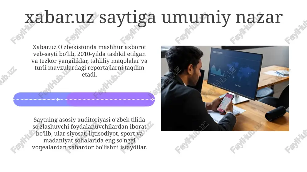 rejalari 2024-2026 yillarda xabar.uz sayti multimedia kontentini rivojlantirishga e'tibor qaratadi, jumladan, video yangiliklar, podkastlar va infografikalarni ko'paytirish, 4k formatidagi video materiallarni taqdim etish ham rejalashtirilgan. xabar.uz saytida sun'iy intellekt (si) texnologiyalarini joriy etish, foydalanuvchilarga moslashtirilgan yangiliklar taqdim etish va kontentni avtomatik ravishda optimallashtirish rejalashtirilgan, maqsad – 2025 yilga qadar auditoriyani 30% ga oshirish. xulosalar xabar.uz veb-saytini monitoring qilish orqali dolzarb voqealarni o'z vaqtida aniqlash imkonini beradi, bu esa 24/7 axborot oqimini ta'minlaydi. xabar.uz monitoringi, ayniqsa, 10 dan ortiq turli kategoriyalardagi yangiliklarni tahlil qilishda tendensiyalarni aniqlashga yordam beradi. savol-javob 'savol-javob' rukni xabar.uz saytida foydalanuvchilarning turli sohalarga oid savollariga javob berish uchun mo'ljallangan, masalan, huquqiy, tibbiy va ta'limiy masalalarga oid savollar. 'savol-javob' bo'limida savollarga javob berish uchun mutaxassislar jalb qilinadi, bu esa o'quvchilarga ishonchli va aniq ma'lumot olish imkoniyatini beradi, shu bilan birga 7/24 kun davomida faoliyat olib boradi. e'tiboringiz uchun rahmat image5.jpg image6.jpg image7.jpg image8.jpg image9.jpg image10.jpg image11.jpg image12.jpg image13.jpg image14.jpg …