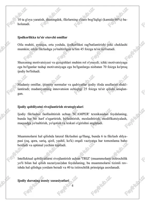i lozim. ijodiy darsda o'quvchilar faoliyatini tashkil etish o'quvchilar ijodiy faoliyatini tashkil etishda 5e modeli (engage, explore, explain, elaborate, evaluate) dan foydalanish samarali natijalarga olib keladi, ayniqsa 3-4 bosqichda. dars jarayonida 'brainstorming' usulini qo'llash, o'quvchilarning 10-15 daqiqa ichida 20 dan ortiq g'oyalar berishiga turtki bo'lib, ijodiy fikrlashni rivojlantiradi. muammoli vaziyatlarni hal qilishga qaratilgan loyihalar (masalan, 'yashil makon' loyihasi) o'quvchilarni 7 bosqichda ijodiy faoliyatga jalb qilib, 80% ko'proq natijaga erishishga yordam beradi. ijodiy darsda foydalaniladigan metod va texnologiyalar "aqliy hujum" usuli, ko'plab g'oyalarni yaratishga yordam beradi, 5-10 daqiqa davomida erkin fikrlashni rag'batlantirib, innovatsion yechimlarni topishga imkon beradi. "sinkveyn" texnologiyasi, 5 qatorli she'riy shaklda mavzuni ifodalash orqali kreativ fikrlashni rivojlantiradi, bu esa 10-15 daqiqa ichida tahlil qilish qobiliyatini oshiradi. "muammoli vaziyatlar" texnologiyasi, o'quvchilarni real muammolarni hal qilishga undaydi, 20-30 daqiqa davomida tanqidiy fikrlash va kreativ yechimlar izlashga yo'naltiradi. ijodkorlikni o'lchash va baholash ijodkorlikni baholashda "torrance ijodkorlik tafakkuri testlari" (ttct) kabi vositalar qo'llaniladi, …