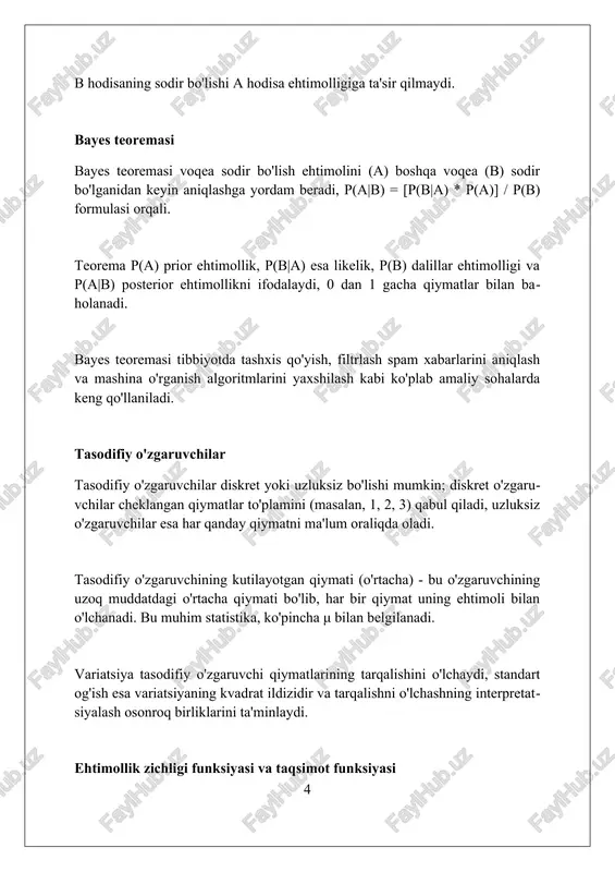 ik tasodifiy miqdorning o'rtacha qiymatdan uzoqlashishi ehtimolligini baholash imkonini beradi. markaziy limit teoremasi markaziy limit teoremasi, katta sonlar qonunidan farqli ravishda, oʻrtacha qiymatning taqsimoti normal taqsimotga yaqinlashishini koʻrsatadi, bunda namunaning oʻlchami ortib boradi. agar n mustaqil tasodifiy oʻzgaruvchilar yigʻindisi uchun har bir oʻzgaruvchining dispersiyasi cheklangan boʻlsa, markaziy limit teoremasi bu yigʻindining normal taqsimotga yaqinlashishini taʼminlaydi. markaziy limit teoremasi statistik inferensiyada muhim ahamiyatga ega, chunki u parametrik testlardan foydalanmasdan ham, namuna oʻrtachasining xususiyatlarini baholash imkoniyatini beradi. ehtimollik nazariyasining qo'llanilishi ehtimollik nazariyasi moliya sohasida risklarni baholash uchun ishlatiladi; masalan, aktiv narxlarining o'zgarishi ehtimolini 0.05 qoldiq xato darajasida aniqlash mumkin. sug'urta kompaniyalari ehtimollik nazariyasidan foydalanib, hodisalar yuz berish ehtimolini hisoblaydi va 95% ishonch oralig'ida sug'urta to'lovlarini belgilaydi. o'yin nazariyasida, ehtimollik raqiblarning harakatlarini bashorat qilishga yordam beradi. masalan, qimor o'yinlarida g'alaba qozonish ehtimolini 1/36 koeffitsientda hisoblash mumkin. statistik xulosalar statistik xulosalar ma'lumotlar to'plamidan olingan natijalarni umumlashtirish uchun ishlatiladi, masalan, o'rtacha qiymat va standart og'ish …