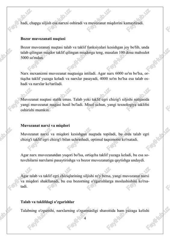 r samarasizligiga olib keladi, chunki ijtimoiy xarajatlar individual xarajatlardan farq qiladi, bu esa optimal miqdordan ortiq ishlab chiqarishga olib keladi. axborotning nosimmetrikligi, masalan, ishlatilgan mashina bozorida, sotuvchilar xaridorlarga qaraganda ko'proq bilishadi, bu esa noqulay tanlov va samaradorlikning pasayishiga olib keladi. monopoliyalar bozor samarasizligiga olib keladi, chunki bitta sotuvchi narxlarni belgilay oladi va raqobatbardosh bozorga qaraganda kamroq miqdorda yuqori narxlarda ishlab chiqaradi. elastiklik va muvozanat talab elastikligi narx o'zgarishiga sezgirlikni ko'rsatadi, 1 dan yuqori bo'lsa, kichik narx o'zgarishi sezilarli miqdoriy o'zgarishga olib keladi, muvozanatga ta'sir qiladi. taklif elastikligi ishlab chiqaruvchining narxga javobini o'lchaydi. elastik taklifda 20% narx o'sishi ishlab chiqarishni ham sezilarli darajada oshiradi, muvozanat nuqtasini o'zgartiradi. davlat aralashuvi narxlarni belgilash yoki subsidiyalash orqali muvozanatga ta'sir etishi mumkin. masalan, $5 subsidiyasi muvozanat narxini pasaytirib, miqdorni oshirishi mumkin. amaliy misollar dehqon bozori misolida, olma narxi 5000 so'mdan past bo'lganda talab ortadi, taklif kamayadi; 7000 so'mdan yuqori narxda esa vaziyat teskari bo'ladi, muvozanatga …
