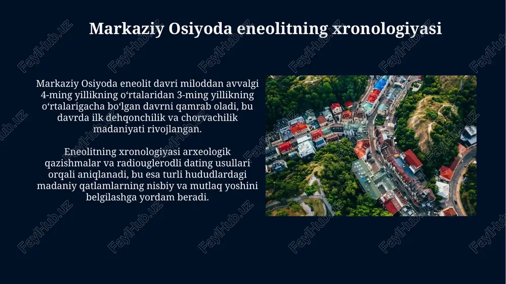 osiyoda eneolitdan bronza davriga o'tish metallurgiyaning rivojlanishi bilan bog'liq; mis va qalay qotishmasidan bronza qurollar yasash miloddan avvalgi 3-mingyillikda boshlangan. markaziy osiyo eneolitini o'rganish tarixshunosligi eneolit davri markaziy osiyoda 20-asrning boshlarida, xususan, turkiston o'lkasini o'rganish davrida arxeologik tadqiqotlar natijasida aniqlangan dastlabki materiallar bilan boshlandi. 1950-1980 yillarda o'rta osiyo eneolitiga oid fundamental tadqiqotlar olib borildi. bu davrda s.p.tolstov, v.m.masson kabi olimlarning ishlari muhim ahamiyat kasb etdi. xulosa va kelajakdagi tadqiqotlar eneolit davri aholi punktlarini 14c radiokarbonli ma'lumotlari asosida aniq xronologik ketma-ketlikda qayta qurish, miloddan avvalgi 5-4 ming yilliklarga e'tiborni qaratish muhim. markaziy osiyoning eneolit davridagi turar-joylarida topilgan hayvon suyaklarining izotop tahlili orqali chorvachilikning rivojlanish dinamikasini va o'zgarishini o'rganish lozim. e'tiboringiz uchun rahmat image6.jpg image7.jpg image8.jpg image9.jpg image10.jpg image11.jpg image12.jpg image13.jpg image14.jpg image15.jpg image16.jpg image17.jpg image18.jpg image19.jpg image20.jpg image21.jpg image22.jpg image4.jpeg