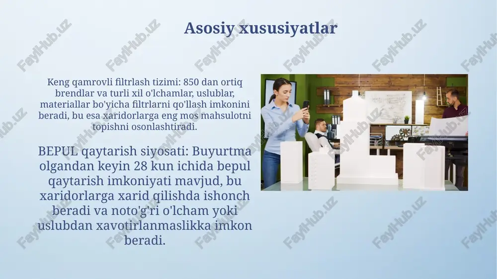 rgan, bu esa mahsulotning yuqori standartlarga javob berishini ko'rsatadi va bu sifat nazoratining muhimligini ta'kidlaydi. iste'molchilarning 70% i mahsulotni tavsiya qilishga tayyor, bu net promoter score (nps) ko'rsatkichi bo'lib, mijozlar sodiqligi va mahsulotning ommaviylashuvi uchun muhim ahamiyatga ega. kelajakdagi ishlanmalar kelajakdagi ishlanmalar 5g texnologiyasi bilan integratsiyalashgan yangi avlod ai chipini yaratishga qaratilgan boʻlib, maʼlumot uzatish tezligini 400% oshirishga imkon beradi. kompaniya 2025-yilga borib, energiya samaradorligini 30% ga oshirish uchun moʻljallangan qayta tiklanadigan energiya manbalaridan foydalangan holda yangi maʼlumotlar markazini ishga tushirishni rejalashtirmoqda. e'tiboringiz uchun rahmat image4.png image5.png image6.jpg image7.jpg image8.jpg image9.jpg image10.jpg image11.jpg image12.jpg image13.jpg image14.jpg image15.jpg image16.jpg image17.jpg image18.jpg image19.jpg image20.jpg image21.jpg image22.jpg image3.jpeg