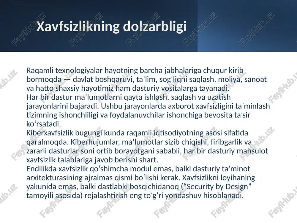 xavfsiz dastur yaratishning samarali yo‘llari 1️⃣ security by design – xavfsizlikni dastur loyihasining boshidanoq rejalashtirish. 2️⃣ kod auditi va testlar – xatolarni erta aniqlash va bartaraf etish uchun kodni muntazam tekshirish. 3️⃣ shifrlash va kirish nazorati – ma’lumotlarni himoyalash, foydalanuvchilarni tasdiqlash (authentifikatsiya) va ruxsatni cheklash (avtorizatsiya). 4️⃣ xavfsizlik siyosati – parollar, zaxiralash, kirish darajalari va hodisaga javob choralarini belgilovchi ichki qoidalar. 5️⃣ yangilanishlar – dastur va tizimlarni doimiy ravishda yangilab borish, zaifliklarni yopish. 6️⃣ standartlarga amal qilish – owasp, iso/iec 27034 kabi xalqaro xavfsizlik me’yorlarini qo‘llash tavsiyalar ✅ dasturchilar uchun xavfsiz kodlash treninglarini yo‘lga qo‘yish. dasturchilar muntazam ravishda xavfsiz dasturlash uslublari bo‘yicha o‘qitilishi kerak. bu ularning xavfsizlik xatolarini erta aniqlash, zaifliklarni kamaytirish va zamonaviy xavfsizlik standartlariga mos dasturlar yaratish imkonini beradi. ✅ har bir loyihada xavfsizlik siyosatini ishlab chiqish. har bir dasturiy loyiha o‘zining xavfsizlik siyosatiga ega bo‘lishi zarur. unda parol siyosati, foydalanuvchi rollari, zaxira nusxalar, shifrlash usullari va hodisalarga …