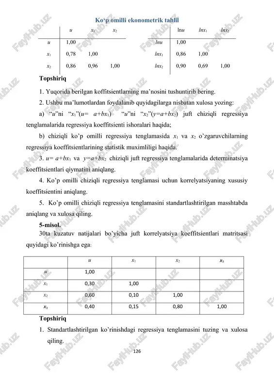 i jadvalda berilgan. ko’rsatkich o’rtacha qiymat o’rtacha kvadratik chetlanish juft korrelyatsiya koeffitsientlari u 250 38 x1 47 12 x2 112 21 topshiriq 1. juft regressiya chiziqli tenglamasini tuzing, ularning muximliligini fisher f- kriteriysi yordamida baholang. 2. standartlashgan va natural masshtablarda ko’p omilli reressiya tenglamasini tuzing. 3. ko’p omilli korrelyatsiya koeffitsientini, fisherning umumiy va xususiy kriteriysini hisoblang va xulosa qiling. 8-misol. savdo korxonalarining yalpi daromadi hajmiga asosiy va aylanma vositalarining qiymatini ta’siri o’rganilgan. buning uchun 12ta savdo korxonasidan quyidagi ma’lumotlar olingan: korxona tartib raqami yillik yalpi daromad, mln.so’m o’rtacha yillik narx, mln.so’m asosiy fondlar aylanma vositalar 1 203 118 105 2 63 28 56 3 45 17 54 4 113 50 63 5 121 56 28 6 88 102 50 7 110 116 54 8 56 124 42 9 80 114 36 10 237 154 106 11 160 115 88 12 75 98 46 topshiriq 1. ko’p omilli chiziqli regressiya tenglamasini …