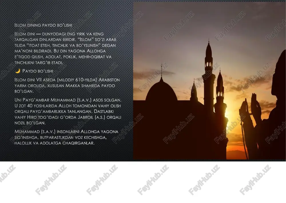 muslim.uz – o‘zbekiston musulmonlari idorasi rasmiy veb-sayti. (https://www.muslim.uz) slide 1 slide 2 slide 3 slide 4 slide 5 slide 6: islom dinining o‘rta osiyoga kirib kelishi islom dini o‘rta osiyoga vii–viii asrlarda, ya’ni arab xalifaligi davrida kirib kelgan. bu davrda arab xalifaligi o‘z hududini kengaytirish bilan birga, islom dinini yoyish siyosatini ham olib borgan. slide 7 slide 8 slide 9 slide 10 slide 11 slide 12 slide 13 slide 14 slide 15 slide 16