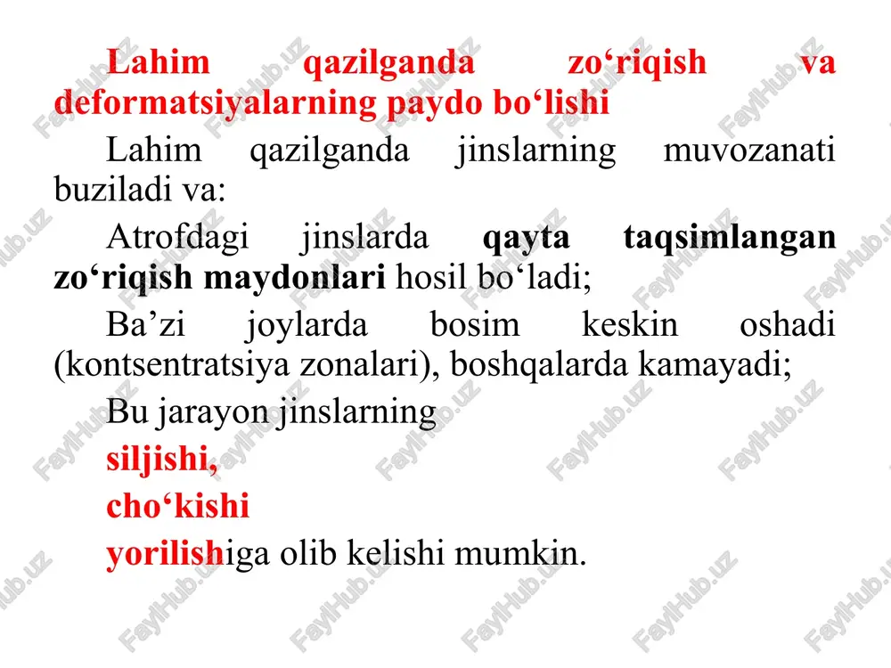 r qator shaxta va konlarida bunday o‘lchashlar olib borilgan. hamma joylarda olib borilgan kuzatishlarda gorizontal kuchlanishlar vertikal kuchlanishga nisbatan bir necha marta ortiq bo‘lishi qayd etilgan. tektonik kuchlanishli massivlarga misol bo‘la oladigan kolskiy yarim orolidagi xibin va lovozer massivlari o‘ta xarakterlidir. xibin va lovozer massivlarida geomorfologik ma’lumotlar bo‘yicha so‘nggi muzlik davrida atrofdagi joylarga nisbatan ko‘tarilishlar ro‘y bergan. ko‘pgina tadqiqotlar natijasida ko‘tarilish tezligi1-3 mm/yil ekanligi aniqlangan. bu massivlar radial va xalqali yoriqlar tizimi bilan bir qator noto‘g‘ri shakldagi geologik bloklarga ajralgan. xibin apatit konidagi barcha kon ishlari olib borilgan gorizontlari, asosan qazib olinayotgan zonalari tog‘ jinslari elastikligi yuqori bo‘lgan, kam buzilgan sholit-urtim qatlamlaridan iborat. aynan shunday sharoitda yuklash (razgruzka) usullari o‘ta ishonchli natijalar beradi. olingan ma’lumotlarga ko‘ra barcha chuqur gorizontlarda vertikal kuchlanishlar gorizontal kuchlanishlarga nisbatan oshib borishi kuzatiladi. ayniqsa yondosh jinslarda gorizontal kuchlanishlarni juda baland bo‘lishi kuzatiladi (10 martagacha). gorizontal kuchlanishlarning qiymati tog‘ jinslarining mustahkamligi va deformatsiyalanish xususiyatlari bilan o‘zaro bog‘liqdir. …