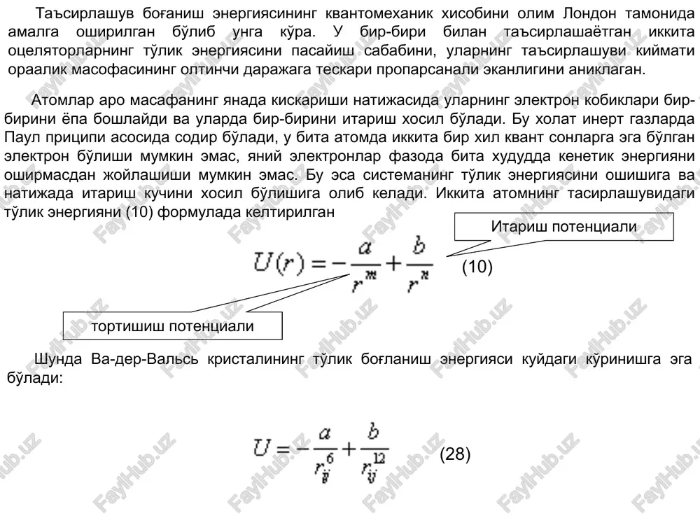 idagi h−o kovalent bogda xosil bulagan bog orolik masofadan ancha katta, unda orolik masofa 0,96 a tashkil etadi. bundan kelib chikgan xolda kovalent boglanishning energiyasi vodorod boglanish energiyasidan 10 barobar katta buladi.