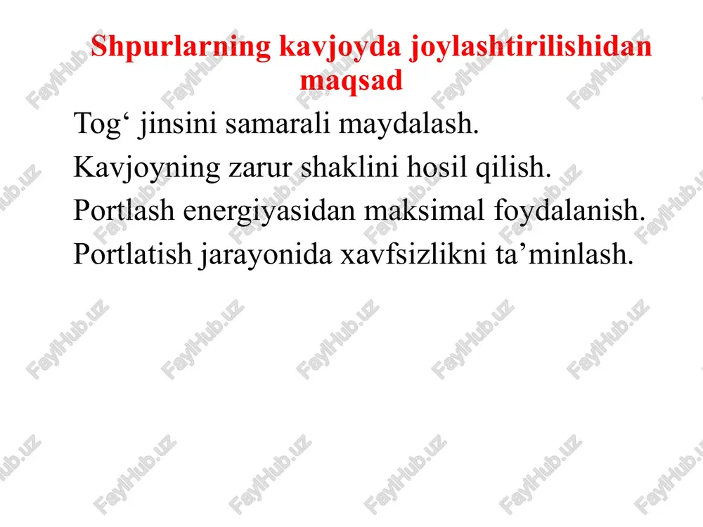 yuqori xarajatli bo‘lishi mumkin. kon lahimlarini o‘tishda tog‘ jinslarini o‘yib olish usullari turli xil geologik sharoitlarga va qazib olinayotgan materialning xususiyatlariga qarab tanlanadi. quyida ba'zi asosiy usullar keltirilgan: 1. mexanik o‘yib olish usuli bu usulda maxsus mexanik asboblar yoki mashinalar yordamida tog‘ jinslari o‘yib olinadi. mexanik usul quyidagi vositalar yordamida amalga oshiriladi: tunnellarni qazish mashinalari: bu mashinalar katta hajmdagi jinslarni mexanik ravishda o‘yish uchun ishlatiladi. ular odatda yirik shaxta va tunnellarni qazish uchun qo‘llaniladi. reyeksion mashinalar: bu turdagi mashinalar kesuvchi boshlar bilan jihozlangan bo‘lib, tog‘ jinslarini o‘yib olish uchun aylanuvchi pichoqlardan foydalanadi. 2. portlatish usuli portlatish usuli qattiq tog‘ jinslarini o‘yish uchun eng keng tarqalgan usuldir. bu usulda portlovchi moddalar joylashtirilib, portlash orqali tog‘ jinslari parchalarga ajratiladi. reyeksion mashinalar: bu turdagi mashinalar kesuvchi boshlar bilan jihozlangan bo‘lib, tog‘ jinslarini o‘yib olish uchun aylanuvchi pichoqlardan foydalanadi. 2. portlatish usuli portlatish usuli qattiq tog‘ jinslarini o‘yish uchun eng keng tarqalgan usuldir. bu …