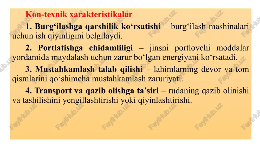 h uchun ishlatiladi. noruda foydali qazilmalarining kimyoviy-mineralogik tavsifi noruda foydali qazilmalar metall bo‘lmagan minerallar bo‘lib, ular turli sanoat tarmoqlarida qo‘llaniladi. bu minerallar qurilish, kimyo, keramika, o‘g‘itlar va boshqa sohalarda muhim xom ashyo hisoblanadi. 2.1. fosforitlar fosforitlar fosfor tarkibidagi minerallar bo‘lib, ular fosforli o‘g‘itlar ishlab chiqarishda ishlatiladi. apatit (ca₅(po₄)₃(f,cl,oh)): tarkibida fosfor va kaltsiy mavjud bo‘lgan mineral. apatit fosfor o‘g‘itlari ishlab chiqarishda muhim xom ashyo hisoblanadi. fluorapatit (ca₅(po₄)₃f): tarkibida 42% gacha fosfor bo‘lgan mineral. u o‘g‘itlar va kimyo sanoatida keng qo‘llaniladi. . kvars kvars kremniy dioksididan tashkil topgan mineral bo‘lib, qurilish va texnologik materiallar sifatida ishlatiladi. kvars (sio₂): tarkibida 99% gacha kremniy oksidi mavjud. kvars rangsiz yoki oq bo‘lib, shisha ishlab chiqarishda va qurilish materiallarida ishlatiladi. ametist: kvarsning rangli shakli bo‘lib, binafsha rangda bo‘ladi. ametist asosan dekorativ maqsadlarda ishlatiladi. 2.3. grafit grafit uglerod asosli mineral bo‘lib, elektrodlar va moylash materiallarida keng qo‘llaniladi. grafit (c): tarkibida sof uglerod mavjud bo‘lib, grafit qora rangda …