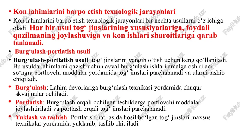 lik choralari ko‘rilishi zarur: tog‘ jinslarini mustahkamlash: lahim devorlarini mustahkamlash uchun beton yoki metall konstruktsiyalar o‘rnatilishi kerak. ventilyatsiya tizimlarini o‘rnatish: zararli gazlarni chiqarish va toza havoni olib kelish uchun ventilyatsiya tizimlari barpo etilishi lozim. portlatish xavfsizligi: burg‘ulash-portlatish usulida portlovchi moddalar xavfsiz tarzda joylashtirilishi va portlash paytida barcha xavfsizlik choralari bajarilishi kerak. xulosa kon lahimlarini barpo etish texnologik sxemalari kon ichidagi qazish ishlari samaradorligini oshirish va xavfsizlikni ta’minlashda muhim o‘rin tutadi. burg‘ulash-portlatish, mexanizatsiyalashgan qazish va qo‘lda qazish usullari tog‘ jinslarining xususiyatlariga qarab tanlanadi. har bir sxema kon ishlari sharoitlariga mos ravishda tanlanishi va texnik jihatdan optimallashtirilishi lozim. xavfsizlik choralariga e’tibor berish orqali ishchilar va texnik vositalar xavfsizligi ta’minlanadi, bu esa qazish jarayonining uzluksiz va samarali amalga oshirilishini kafolatlaydi. kon lahimlari - bu yer osti va yer ustidagi konchilik operatsiyalari uchun mo'ljallangan turli xil mashina va uskunalarni anglatadi. kon lahimlari kon qazish, tashish, yuklash, hisoblash va boshqa turli konchilik jarayonlarini amalga oshirish …