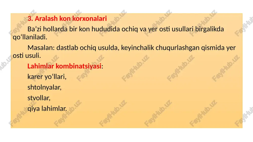 logiyasi: lahim devorlariga suyuq beton sepish orqali ularning mustahkamligi ta'minlanadi. bu usul tog‘ jinslarining o‘pirilishi xavfini kamaytiradi. metall va plastik mustahkamlash materiallari: lahimlarni mustahkamlashda zamonaviy metall va plastik materiallardan foydalanish ularning barqarorligini va ishlash muddatini uzaytiradi. 3. ventilyatsiya va monitoring tizimlari kon lahimlarining istiqbollari havoni aylantirish va xavfli gazlarni nazorat qilish imkoniyatlarini takomillashtirish bilan bog‘liq. ventilyatsiya va monitoring tizimlari zamonaviy texnologiyalar asosida yangilanmoqda. yuqori samarali ventilyatsiya tizimlari: kon lahimlaridagi zararli gazlar va changlarni samarali chiqarib yuborish uchun yuqori quvvatli ventilyatsiya tizimlari o‘rnatiladi. iot asosida monitoring: lahimlarning holatini kuzatish va xavfsizlikni ta'minlash uchun iot (internet of things) texnologiyalariga asoslangan monitoring tizimlari o‘rnatilishi kutilmoqda. bu lahimlar ichidagi harorat, namlik va gaz miqdorini real vaqt rejimida nazorat qilish imkonini beradi. kon lahimlarini barpo etishda istiqbollardagi asosiy yondashuvlar kon lahimlarini barpo etishda istiqbollarda qo‘llaniladigan yondashuvlar kon ishlari samaradorligini oshirish, texnologik jarayonlarni optimallashtirish va xavfsizlikni ta'minlashga qaratilgan. 1. texnologik integratsiya zamonaviy kon ishlari texnologiyalari va …
