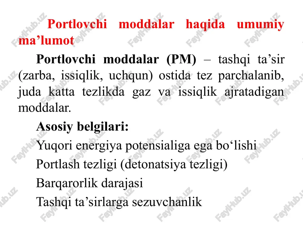 jalar beradi. 3. portlovchi modda sarfi portlovchi modda sarfi qazish ishlarida tog‘ jinslarini parchalash uchun sarflanadigan portlovchi moddalarning miqdorini ifodalaydi. portlovchi modda sarfi quyidagi omillarga bog‘liq: tog‘ jinslarining qattiqligi: qattiq jinslar ko‘proq portlovchi modda talab qiladi, yumshoq jinslar esa kamroq portlovchi modda bilan portlatiladi. skvajinalarning chuqurligi va soni: katta chuqurlikdagi yoki ko‘p teshiklar uchun portlovchi modda sarfi ortadi. tog‘ jinslarining zichligi: zich tog‘ jinslari ko‘proq portlovchi modda talab qiladi. portlovchi modda sarfini quyidagi formuladan hisoblash mumkin: q=w/v​ bu yerda: q — portlovchi modda sarfi (kg/m³), w — portlovchi modda massasi (kg), v — parchalangan tog‘ jinslarining hajmi (m³). 4. skvajinalarning joylashuviga bog‘liqlik skvajinalarning joylashuvi portlatish jarayonining muvaffaqiyati uchun muhimdir. skvajinalar va shpurlarning chuqurligi, oraliq masofasi va joylashuv tartibi tog‘ jinslarining samarali portlatilishini ta’minlaydi. 4.1. skvajinalar oraliq masofasi skvajinalar orasidagi masofa tog‘ jinslarining parchalanuvchanligiga bog‘liq. yumshoq jinslarda skvajinalar orasidagi masofa katta bo‘lishi mumkin, qattiq jinslarda esa skvajinalar yaqinroq joylashtiriladi. 4.2. skvajina …