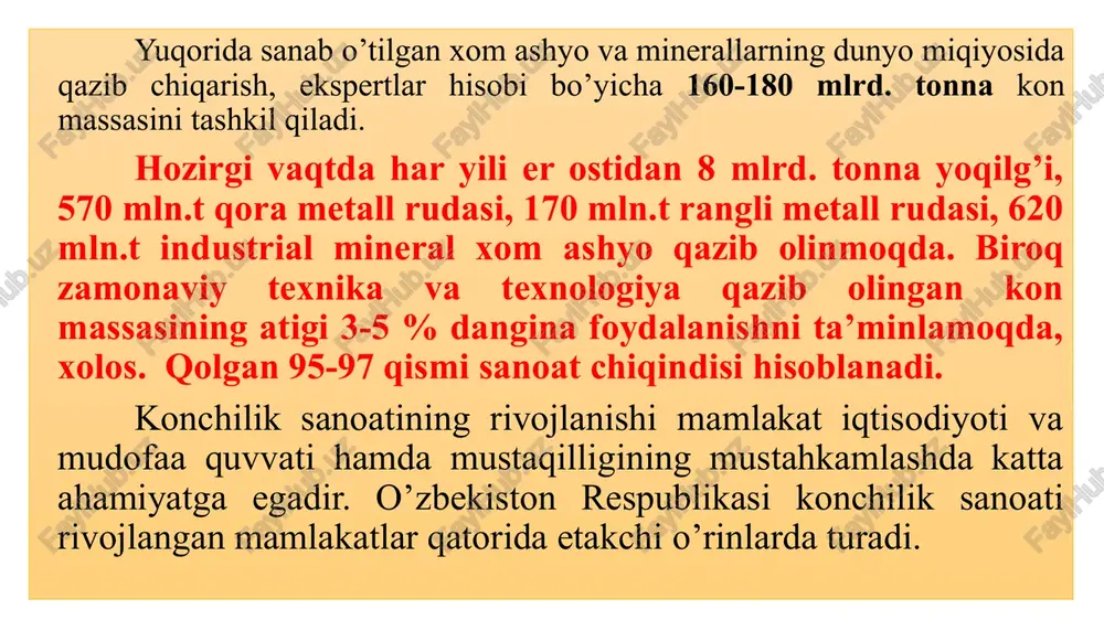 jihatdan oqilona o‘tish konchilikning xavfsizligi va samaradorligini ta’minlaydi. konchilik sanoati korxonalarida kon qazish ishlarining o’ziga xos asosiy xususiyatlari : foydali qazilma konlarini o’zlashtirish atrof muhitga bevosita ta’sir ko’rsatib qator ekologik muammolar kelib chiqishiga sabab bo’ladi; ish joylarini doimo surilib turishi kon qazish ishlarini mexanistiyalash, avtomatlashtirish va tashkil qilishga alohida talablar qo’yadi; qazish ishlarini tobora chuqurlashib borishi natijasida kon-geologik sharoitlarni murakkablashib borishi, gazodinamik xodisalarning sodir bo’lish ehtimolligi, shaxta (rudnik) atmosferasi haroratini ko’tarilishi kabi omillarning mavjudligi. bularning hammasi kon ishlarining murakkab va xavfli bo’lishiga olib keladi. ko’mir shaxtasi sxemasi: 1,2,12 – vertikal lahimlar; 3,4,5,10,11 – gorizontal lahimlar; 6,7,8,9 – qiya lahimlar; 13 – nasos kamerasi; 14 – qazish kavjoyi. konlarni ochiq, usulda qazish sxemasi: 1 -ekskavagor; 2-avtoagdargich; 3-buldozer; 4-burgulash stanogi; 5- gorizontlar; 6-porlatilgan massa; 7-foydali qazilma yotqizigi; 8-skvajinalar; 9-tushish transheyasi; 10-qoplama jins agdarmasi. geotexnologik usul odamlar tomonidan ishlatilganda etarli darajada samara beradigan, organik yoki anorganik kelib chiqishga ega bo’lgan tabiiy minerallarni foydali …