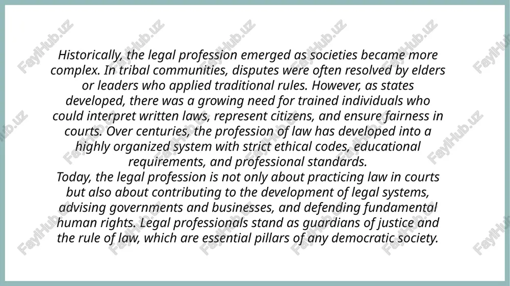 ependence of the legal system, democracy itself is at risk. legal professionals must constantly work to prove their integrity and dedication to justice. conclusion in conclusion, the legal profession is not only a career choice but also a duty to society. legal professionals are the defenders of justice, fairness, and human dignity. their work ensures that laws are applied equally, that citizens’ rights are respected, and that conflicts are resolved peacefully. although the legal profession faces significant challenges such as ethical dilemmas, heavy workloads, globalization, and technological changes, its role remains indispensable. without lawyers, judges, prosecutors, notaries, and legal advisors, society would face chaos, injustice, and a lack of accountability. looking ahead, the legal profession will continue to evolve. with the spread of digital technologies and international cooperation, new fields of law will emerge, such as cyber law, environmental law, and space law. however, the core mission of the legal …