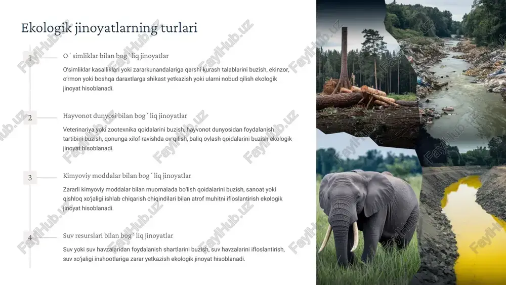 tni muhofaza qilish va tabiatdan foydalanish sohasidagi ushbu kodeksning 66, 67, 76-moddalari, 90-moddasining 2-qismi, 94-moddasida javobgarlik nazarda tutilgan maʼmuriy javobgarlik toʻgʻrisidagi ishlar sudlarga taalluqlidir. 1 hayvonot va oʻsimlik dunyosi oʻzbekiston respublikasi jinoyat kodeksining 202-moddasi va maʼmuriy javobgarlik toʻgʻrisidagi kodeksning 90-moddasida javobgarlik nazarda tutilgan hayvonot yoki oʻsimliklar dunyosidan foydalanish qoidalari oʻzbekiston respublikasi tabiatni muhofaza qilish davlat qoʻmitasi tomonidan belgilanadi. 2 qizil kitob ahamiyati qizil kitobga kiritilgan oʻsimliklar va hayvonlarni tabiatdan har qanday koʻrinishda olish faqat oʻzbekiston respublikasi vazirlar mahkamasi tomonidan beriladigan ruxsatnomalar asosida, ovlanadigan hayvon turlari esa tabiatni muhofaza qilish davlat qoʻmitasi tomonidan beriladigan litsenziyalar boʻyicha amalga oshiriladi. 3 8 yetkazilgan zararni qoplash masalalari 1 toʻliq hajmda undirish zararni toʻliq qoplash tamoyili 2 jamgʻarmalarga oʻtkazish tabiatni muhofaza qilish jamgʻarmalariga undirish 3 alohida holatlarda kamaytirish faqat asoslantirilgan hollarda zararni kamaytirish tabiatni muhofaza qilish haqidagi qonunlarni buzish bilan bogʻliq fuqarolik va jinoyat ishlari boʻyicha yetkazilgan zararni undirish toʻgʻrisidagi daʼvolarni koʻrishda sudlar qonun zararni …