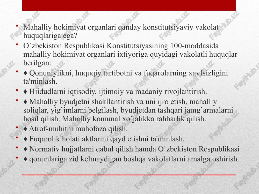 ing faoliyati o`zbekiston respublikasining konstitutsiyasi, «mahalliy davlat hokimiyati to'g`risida»gi qonun va qoraqalpog`iston respublikasining qonunlari bilan tartibga solinadigan bo`ldi. hokimlik oldingi kengash raisligidan yoki siyosiy partiya birinchi kotibligidan lavozim va huquqiy maqomi bilan ancha farq qiluvchi institutdir. hokitnlikda endi ko`proq mustaqillik, o`z hududida o`z hukmi va so`zining salmog`ini oshirish, xo`jalik va iqtisodiy boshqaruvda qafiyat bilan ishlash imkoniyati kengaydi. hokijnlik usulining ixchamligi, buyruqbozlik va qog`ozbozlikning kamayishi, hayotga va ishlab chiqarishga yaqinligi bilan oldingi mustamlakachilikka va zo`ravonlikka asoslangan boshqaruv tizimi an'analari va usullaridan keskin farq qiladi. o`zbekiston respublikasi prezidentining mamlakat «mahalla» xayriya jamg`armasini tashkil etish to`g`risidagi 1992-yil 12-sentabrdagi hamda xayriya jamg`armaga mablag` ajratish to`g`risidagi 1992-yil 8-oktabrdagi farmoni mahallalarga homiylikni tashkil etishda katta siyosiy va ijtimoiy ahamiyatga ega bo`ldi. bu farmon mahalla qo`mitalarining o`z hududlarida istiqomat qiluvchi kambag`al oilalarga, nogironlarga, yolg`iz keksalarga moddiy yordam berish hamda aholini ijtimoiy muhofaza qilish borasida keng miqyosli ishlarga katta ko`mak berdi. hukumat mahallalarga dastlab byudjet hisobidan 25 million …