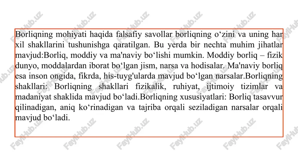 rukt sifatida qaraydi, va texnologiyalarning rivojlanishi borliqni yangi shakllarda tushunishga olib kelmoqda.shunday qilib, borliq falsafasi insoniyatning mavjudlik, haqiqat va borliqni tushunishga bo‘lgan ulkan intilishining natijasi bo‘lib, u turli falsafiy yondoshuvlar va ilmiy izlanishlar orqali rivojlanib, dunyoning va insonning tabiati haqida chuqurroq bilim olishga yordam beradi. etiboringiz uchun tashakkur .