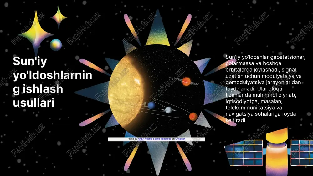 ishga yordam beradi. favqulodda vaziyatlarda muhim rol o'ynaydi. geografik cheklovlarning bartaraf etilishi, keng qamrovli kommunikatsiya imkoniyatlari va ijtimoiy tenglikni oshirishda muhim omil bo'ladi. global iqtisodiyotda sun'iy yo'ldoshlar sun'iy yo'ldosh texnologiyalari global iqtisodiy integratsiyada muhim rol o'ynaydi. ular xalqaro savdo, moliya va axborot oqimlarini tezlashtiradi, davlatlar va kompaniyalar orasidagi hamkorlikni mustahkamlaydi. xalqaro hamkorlik va investitsiyalar sun'iy yo'ldosh sohasida rivojlanishni qo'llab-quvvatlaydi. bu esa yangi texnologik imkoniyatlar, infratuzilma va xizmatlarning kengayishiga olib keladi. sun'iy yo'ldosh texnologiyalari aloqa, navigatsiya, meteorologiya va mudofaa sohalarida keng qo'llaniladi. ular global muammolarni hal qilishda va iqtisodiy rivojlanishda muhim vositadir. kelajakda sun'iy yo'ldoshlar global iqtisodiyotda yanada muhimroq ahamiyat kasb etadi. rivojlangan texnologiyalar va xalqaro hamkorlik bilan yangi imkoniyatlar paydo bo'ladi. xulosa sun'iy yo'ldosh texnologiyalari aloqa va iqtisodiyotda inqilob qilmoqda, global hamkorlikni kengaytiradi. asosiy prinsiplari va ishlash usullari imkoniyatlarni oshiradi. ular yangi ish o'rinlari, raqobatbardoshlik va iqtisodiy rivojlanishga ta'sir qiladi. innovatsiyalar va iot bilan integratsiya kelajakda muhim rol o'ynaydi. sun'iy …
