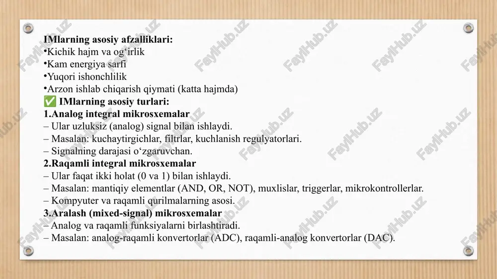 si oliy o‘quv yurtlari uchun darslik – dastlabki raqamli elementlar, kodlash, muxlislar, registrlar va mikrosxemalar haqida raqamli qurilmalar va ularning dasturiy boshqaruvi – a. m. berdiev – raqamli qurilmalar arxitekturasi va ularni boshqarish elektronika va raqamli texnika asoslari – m. to‘xtayev – elektron komponentlar, raqamli va analog sxemalar asoslari e’tiboringiz uchun raxmat image4.png image5.jpeg image3.png /docprops/thumbnail.jpeg