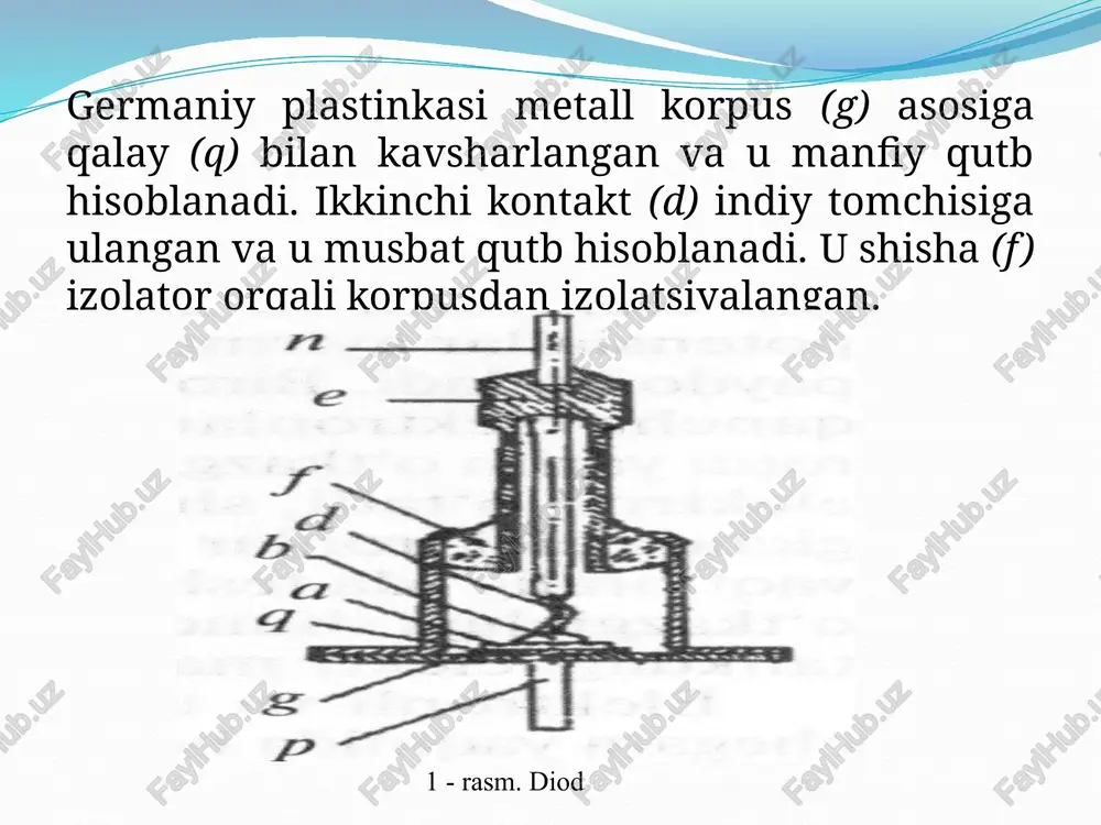 diodlarga bo‘linadi. pch diodlari katta p-n o‘tish bilan xarakterlanadilar. yuqori chastotali to‘g‘rilovchi diodlar (yuch diodlar) o‘n va yuz megagers chastotagacha bo‘lgan signallarni nochiziqli elektr o‘zgartirishga mo‘ljallangan. yuch diodlari yuqori chastota signallari detektorlari, aralashtirgichlar, chastota o‘zgartirgich sxemalar va boshqalarda qo‘llaniladi. 2. varikaplar. tunnel diodlar. varikap elektr maydoni yordamida boshqariladigan sig‘im sifatida qo‘llanishga mo‘ljallangan. varikapning ishlash prinsipi elektr o‘tish to‘siq sig‘imining teskari kuchlanishga bog‘liqligiga asoslangan. varikaplar asosan tebranma konturlarni chastotasini elektron qayta sozlashda qo‘llaniladi. varikaplarning bir necha turi mavjud. masalan, parametrik diodlar o‘ta yuqori chastota signallarini kuchaytirish va generatsiyalashda, ko‘paytiruvchi diodlar esa keng chastota diapazoniga ega bo‘lgan ko‘paytirgichlarda qo‘llaniladi. tunnel diodi deb qo‘zg‘otilgan yarim o‘tkazgich asosida loyihalangan yarim o‘tkazgichli asbobga aytiladi. unda teskari va uncha katta bo‘lmagan to‘g‘ri kuchlanishda tunnel effekti yuzaga keladi va volt–amper xarakteristikada manfiy differensial qarshilikka ega bo‘lgan soha mavjud bo‘ladi. tunnel diodlar boshqa turdagi diodlardan sezilarli farq qilmaydi, lekin ularni yasash uchun 1020 sm-3 kiritmaga ega bo‘lgan yarim …