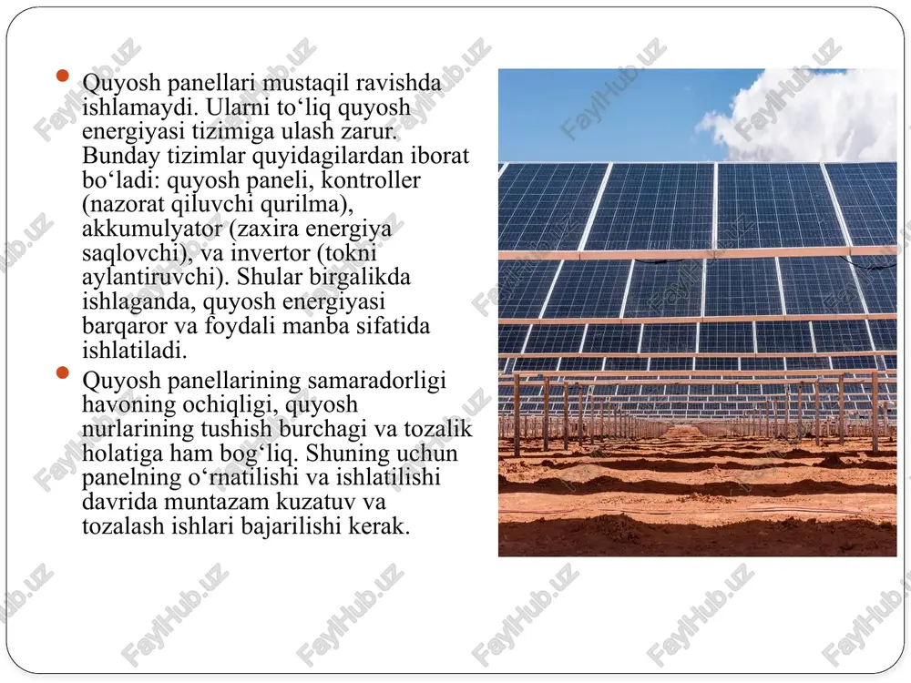 ni talab qiladigan ilg'or iot loyihalari uchun javob beradi. stm32 : sanoat, yuqori samarali o'rnatilgan tizimlar uchun eng yaxshisi. amaliy va samaradorlik tahlili amaliyotda kontrollerlarning eng katta foydasi — tizimni to‘g‘ri ishlashini ta'minlash, isrofni kamaytirish va qurilmalarni himoya qilish. mppt kontrollerlar yordamida quyosh panelidan maksimal energiya olinadi, bu esa samaradorlikni oshiradi. bundan tashqari, aqlli kontrollerlar yordamida tizim masofadan turib kuzatiladi, avto-yoqish/o‘chirish funksiyalari orqali inson mehnati kamayadi. bu esa vaqt, energiya va mablag‘ tejalishini ta'minlaydi. xulosa: kontrollerli tizimlar uzoq muddatli ishlash, kam isrof va yuqori samaradorlikni kafolatlaydi. bu ularni amaliy jihatdan eng ma'qul tanlovga aylantiradi. quyosh energiyasi tizimida nazoratlar samaradorligining foydasi sezilarli darajada, energiyani tejash va quvvatni ishlatishda ham juda katta. amaliyotda shuni ko'rish mumkinki, kontroller bo'lmagan yoki sifatsiz kontroller tizimlar elektr energiyasini isrof qiladi, akkumulyatorlar tez ishdan chiqadi, hatto ba'zida butun tizim zarar ko'rishi mumkin. masalan, mppt kontrollerlar yordamida quyosh paneli ishlab chiqargan maksimal quvvatdan to'liq yuborish mumkin. ular har …