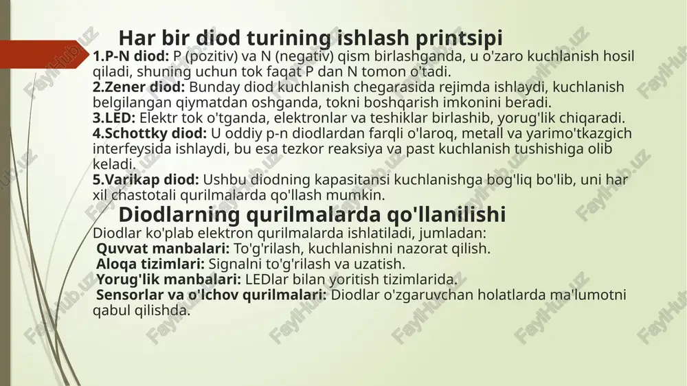 ashda keng qo'llaniladi. ovoz va chiroq nazorati: dinistorlar o'zgaruvchan kuchlanishlarda yorug'likni va tovushni boshqarish uchun ishlatiladi. kichik kuchlanishli sxemalar: ular signalni kuchaytirish va nazorat qilish uchun qo'llaniladi. dinistorlarning afzalliklari va cheklovlari afzalliklari: tezkor javob va yuqori quvvatni boshqarish qobiliyati. oddiy konstruksiya va foydalanish qulayligi. energiya samaradorligi va ishonchliligi. kamchiliklari: diodlarga nisbatan yuqori kuchlanishlarga chidamsizlik. o'zgaruvchan sharoitlarga nisbatan sezgirlik. ularni o'chirish uchun muayyan shartlar zarur bo'lishi mumkin. xulosa diodlar, varikaplar va dinistorlar elektronika sohasida muhim komponentlardir. diodlar elektr toki oqimini nazorat qilish va to'g'rilashda, varikaplar analog signallarni boshqarish va chastotani nazorat qilishda, dinistorlar esa kuchlanishni boshqarishda foydalaniladi. har birining o'ziga xos turlari va afzalliklari mavjud bo'lib, ular zamonaviy texnologiyalarda, energiya ishlab chiqarishdan tortib aloqa tizimlariga qadar keng qo'llaniladi. ushbu komponentlarning samaradorligi va ishonchliligi elektron qurilmalarning ishlashida muhim rol o'ynaydi. e’tiboringiz uchun rahmat /docprops/thumbnail.jpeg