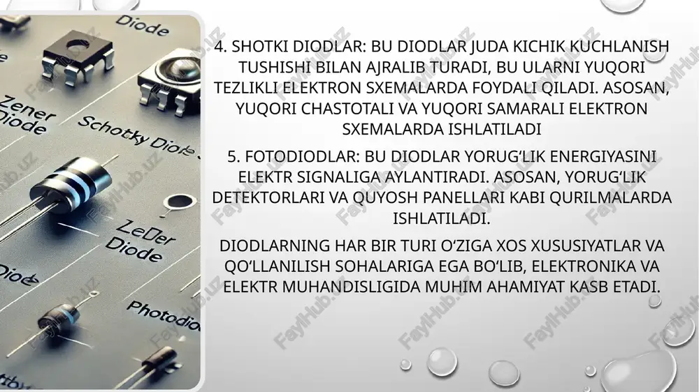 irni himoya qilish va kuchlanishni boshqarishda muhim rol o‘ynaydi. 5. elektronika va kuchlanish himoyasida: zener diodlar va boshqa himoya diodlari ko‘plab elektron qurilmalarda kuchlanishdan himoya qilish va quvvat barqarorligini ta’minlashda muhim rol o‘ynaydi. bu kompyuterlardan tortib zaryadlovchi qurilmalarigacha bo‘lgan ko'plab texnikalarimizni ishonchli va uzoq muddat ishlashiga yordam beradi. image2.png image3.png image4.jpg image1.png /docprops/thumbnail.jpeg