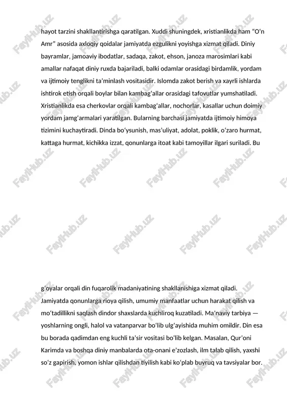u g‘oyalar orqali din fuqarolik madaniyatining shakllanishiga xizmat qiladi. jamiyatda qonunlarga rioya qilish, umumiy manfaatlar uchun harakat qilish va mo‘tadillikni saqlash dindor shaxslarda kuchliroq kuzatiladi. ma’naviy tarbiya — yoshlarning ongli, halol va vatanparvar bo‘lib ulg‘ayishida muhim omildir. din esa bu borada qadimdan eng kuchli ta’sir vositasi bo‘lib kelgan. masalan, qur’oni karimda va boshqa diniy manbalarda ota-onani e’zozlash, ilm talab qilish, yaxshi so‘z gapirish, yomon ishlar qilishdan tiyilish kabi ko‘plab buyruq va tavsiyalar bor. bu yoshlarning ijtimoiy muhitda to‘g‘ri yo‘l tanlashida asosiy mezon bo‘lib xizmat qiladi. diniy an’analar, marosimlar va urf-odatlar milliy madaniyatning ajralmas qismidir. o‘zbekiston misolida aytadigan bo‘lsak, diniy bayramlar — ramazon hayiti, qurbon hayiti yoki ma’rifiy an’analar — hatm, duolar, ma’naviy suhbatlar xalqning o‘zligiga, madaniyatiga singib ketgan. bu esa xalqni o‘z madaniyatini sevish va uni asrashga undaydi. din va davlatning o‘zaro munosabatlari har doim murakkab va ko‘p qirrali bo‘lgan. tarixiy rivojlanishda bu munosabatlar o‘zgarib, diniy institutlarning davlat boshqaruvidagi roli, …