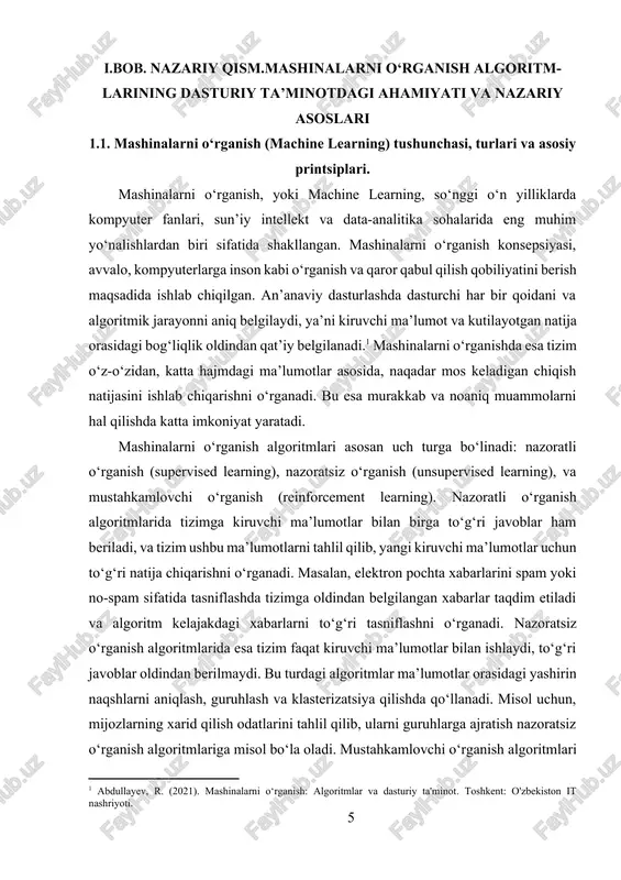 tnoteref:1] mashinalarni o‘rganishda esa tizim o‘z-o‘zidan, katta hajmdagi ma’lumotlar asosida, naqadar mos keladigan chiqish natijasini ishlab chiqarishni o‘rganadi. bu esa murakkab va noaniq muammolarni hal qilishda katta imkoniyat yaratadi. [1: abdullayev, r. (2021). mashinalarni o‘rganish: algoritmlar va dasturiy ta'minot. toshkent: o'zbekiston it nashriyoti.] mashinalarni o‘rganish algoritmlari asosan uch turga bo‘linadi: nazoratli o‘rganish (supervised learning), nazoratsiz o‘rganish (unsupervised learning), va mustahkamlovchi o‘rganish (reinforcement learning). nazoratli o‘rganish algoritmlarida tizimga kiruvchi ma’lumotlar bilan birga to‘g‘ri javoblar ham beriladi, va tizim ushbu ma’lumotlarni tahlil qilib, yangi kiruvchi ma’lumotlar uchun to‘g‘ri natija chiqarishni o‘rganadi. masalan, elektron pochta xabarlarini spam yoki no-spam sifatida tasniflashda tizimga oldindan belgilangan xabarlar taqdim etiladi va algoritm kelajakdagi xabarlarni to‘g‘ri tasniflashni o‘rganadi. nazoratsiz o‘rganish algoritmlarida esa tizim faqat kiruvchi ma’lumotlar bilan ishlaydi, to‘g‘ri javoblar oldindan berilmaydi. bu turdagi algoritmlar ma’lumotlar orasidagi yashirin naqshlarni aniqlash, guruhlash va klasterizatsiya qilishda qo‘llanadi. misol uchun, mijozlarning xarid qilish odatlarini tahlil qilib, ularni guruhlarga ajratish nazoratsiz …
