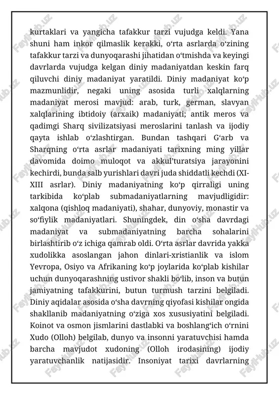 asrlarida uning g‘arbiy qismi gullagan paytga kelib (er. 476 y.) to‘la shakllangan cherkov tizimi va qattiq intizomga asoslangan davlat dini tarzda qaror topdi. cherkovning tayanchi bu paytda butun yevropada keng tarqalgan va xristianlikni o‘z dini sifatida qabullagan “yovvoyi” xalqlar (jumladan: gotlar, gallar, irlandlar va b.) tashkil etdi. yevropa bo‘ylab tarqalgan german, slavyan, turk qabilalari antik sivilizatsiyasini xarob etib yangi hayot tarzini qabul qildilar. musulmon sharqida islom ta’limoti paydo bo‘lishi bilan barobar teokratik boshqaruv shakli qaror topadi, bunda diniy va dunyoviy hokimiyat payg‘ambar, keyin uning “o‘rinbosarlari-xalifalar” qo‘lida birlashgan. 2. sharq va g‘arb diniy madaniyatining o‘ziga xosligi v-vi asrlarda arabistonda yangi dunyo qaror topa boshladi. etnik va madaniy uyushish, integratsiya jarayoni kechib, yagona din, umumiy ong elementlari tarqala boshladi. bu avvalgi xudolaridan xafsalasi pir bo‘lgan arablarning ma’naviy-ruhiy izlanishiga turtki bo‘ldi. muhammadning payg‘ambarlik faoliyati yagona ma’naviy-mafkuraviy va sotsial birlikka intilish yo‘lida qonuniy jarayon bo‘ldi. islomiy e’tiqod 5 asosiy talabga tayanadi. yagona ollohni tan …