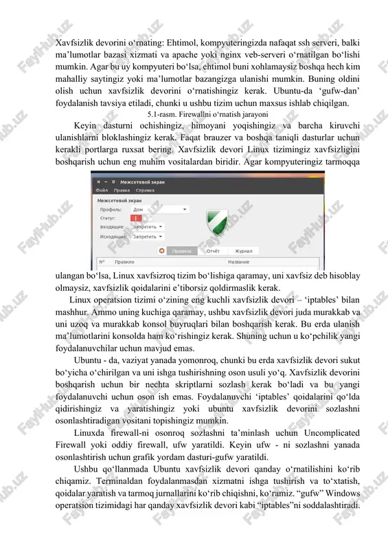 chun papkangizda o‘qish huquqini beradigan 750 ruxsatlarni o‘rnatishingiz mumkin:chmod 0750 /home/username endi ubuntu xavfsizligi va ayniqsa shaxsiy ma’lumotlaringiz biroz yuqoriroq bo‘ladi. “ssh” kirishni root sifatida o‘chirib qo‘ying: odatda, ubuntu-da superuser sifatida ssh ga kirishingiz mumkin ildiz foydalanuvchisi uchun parol o‘rnatgan bo‘lsangiz ham, bu xavfli bo‘lishi mumkin, chunki agar parol juda oddiy bo‘lsa, tajovuzkor uni saralashi va kompyuterni to‘liq boshqarishi mumkin. tizimingizda sshd xizmati o‘rnatilmagan bo‘lishi mumkin. tekshirish uchun bajarib ko‘ring:ssh localhost agar “connection refused” xabarini olsangiz, bu ssh server o‘rnatilmaganligini anglatadi va ushbu bosqichni o‘tkazib yuborishingiz mumkin. ammo agar u o‘rnatilgan bo‘lsa, uni ‘/etc/ssh/sshd_config‘ konfiguratsiya fayli yordamida sozlash kerak. ushbu faylni buyruq bilan oching:sudo vi /ect/ssh/sshd_config va qatorni almashtiring: shu buyruqni:permitrootlogin yes bajarildi, endi ssh orqali tizimingizga kirish qiyinroq bo‘ladi, ammo ubuntu 22.04 da xavfsizlik sozlamalari hali tugallanmagan.sudo apt-get install gufw permitrootlogin no xavfsizlik devorini o‘rnating: ehtimol, kompyuteringizda nafaqat ssh serveri, balki ma’lumotlar bazasi xizmati va apache yoki nginx veb-serveri …