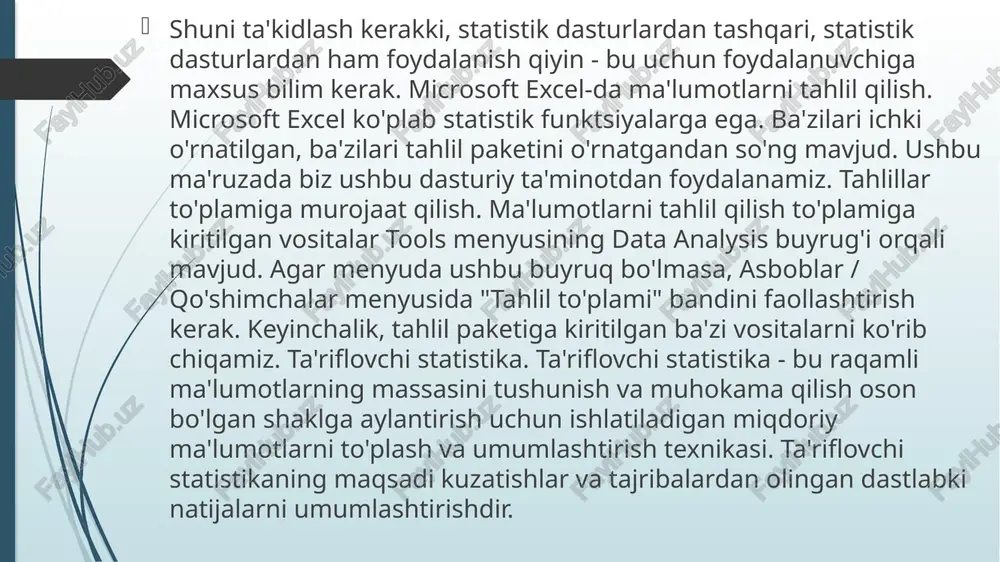 lanishni ko'rsatmoqda. o'rtacha xususiyatlar  o'rtachani hisoblashda yo'qolgan ma'lumotlar qiymatlariga yo'l qo'yilmaydi.  o'rtacha qiymat faqat raqamli ma'lumotlar va ikkilamchi tarozilar uchun hisoblanishi mumkin.  ma'lumotlar to'plami bo'yicha bitta va bitta o'rtacha qiymatni hisoblash mumkin. o'zgaruvchining o'rtacha qiymatining informatsion qiymati, agar uning ishonch oralig'i ma'lum bo'lsa, yuqori bo'ladi. o'rtacha ishonch oralig'i - bu "haqiqiy" populyatsiya o'rtacha qiymati berilgan ishonch darajasi bilan topilgan taxminiy qiymatlar oralig'i. ishonch oraliqlarini hisoblash kuzatilgan qiymatlarning normal ekanligi haqidagi taxminlarga asoslanadi. ishonch oralig'ining kengligi tanlov hajmi va ma'lumotlarning tarqalishiga bog'liq. tanlov hajmi oshgani sayin o'rtacha bahoning aniqligi oshadi. tanlangan qiymatlarning tarqalishining ortishi bilan o'rtacha ishonchliligi pasayadi. agar namunaning kattaligi etarlicha katta bo'lsa, namunaning normal bo'lishidan qat'iy nazar, o'rtacha sifati oshadi. mediana - bu kuzatuvlar soniga ko'ra ikkita teng qismga bo'linadigan namunaning aniq o'rta nuqtasi. mediani topish uchun zaruriy shart bu namunani buyurtma qilishdir. shunday qilib, toq sonli kuzatuvlar uchun median (n + 1) / 2 raqami …