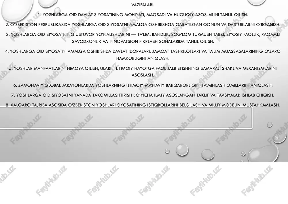 ahkam tayanchidir. xulosa: bugungi yoshlar – mamlakat kelajagini belgilovchi eng muhim ijtimoiy qatlamdir. ularning bilim darajasi, dunyoqarashi, ma’naviy-axloqiy fazilatlari va yangilikka intilishi jamiyat taraqqiyotining ko‘zgusidir. shu bois, yoshlarni qo‘llab-quvvatlash, ularning salohiyatini ro‘yobga chiqarish va yetuk mutaxassis sifatida voyaga yetkazish davlat siyosatining ustuvor yo‘nalishiga aylangan. yoshlar – millatning kuch-qudrati, vatan ravnaqi va taraqqiyotining kafolatidir. ularning har tomonlama kamol topishi, zamonaviy kasb-hunar egallashi, mustaqil fikr yuritishi, ijtimoiy faolligi mamlakatimizning istiqbolini belgilaydi. shu bois, ta’lim tizimini modernizatsiya qilish, raqamli ko‘nikmalarni rivojlantirish, innovatsion tafakkurga ega yoshlarni tayyorlash dolzarb ahamiyat kasb etmoqda. yoshlarning orzulari, g‘oyalari va tashabbuslari “yangi o‘zbekiston” bunyodkorligining asosi bo‘lib, ular jamiyatning eng faol, ijodkor va yangilikka intiluvchan qismini tashkil etadi. bugungi kunda yoshlarga berilayotgan davlat e’tibori, imtiyozlar , grantlar va dasturlar – ularning o‘z imkoniyatlarini to‘liq namoyon etishiga keng yo‘l ochmoqda. har bir yoshning o‘z orzusi sari dadil qadam tashlashi, vatan ravnaqi uchun mas’uliyatni his etishi, fidokorlik bilan mehnat qilishi – bu …