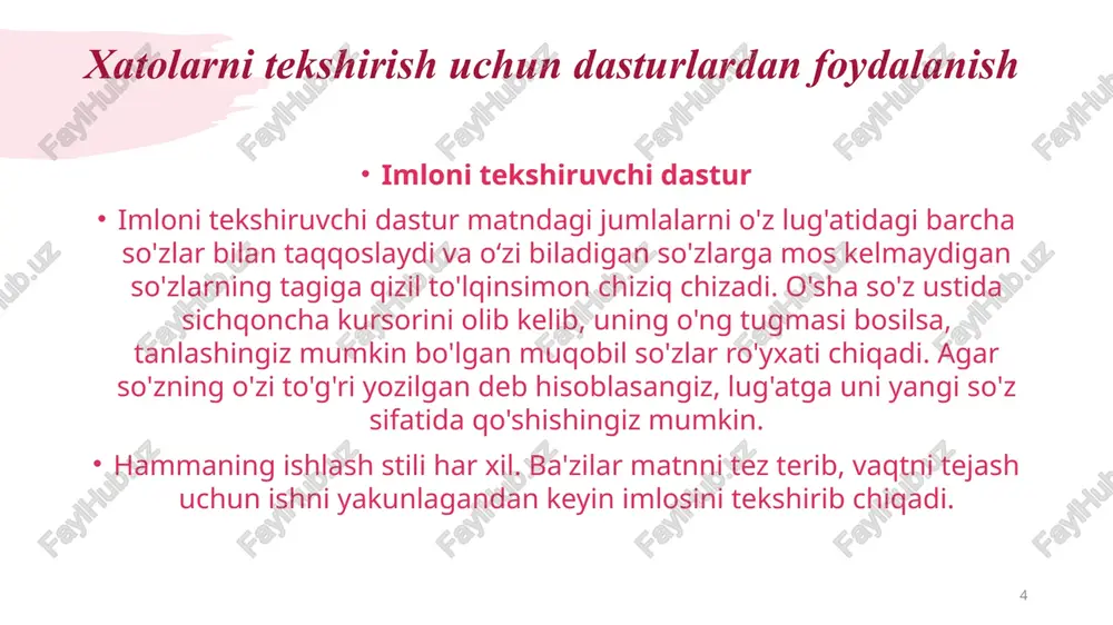 ra uchinchi shaxs tomonidan matndagi xatolarni tekshirish jarayoni. korrektura mavjud hujjatni asl nusxasi bilan solishtirish yoki o'zini tekshirish orqali bajariladi 10 belgilar orasidagi interval 11 interval o'lchov birliklari, odamlar ism-sharifining bosh harfi yoki sahifa raqami kabi so'z yoki elementlarda qo'llanadi. quyidagi misolda belgilar orasida turli intervallarni ko'rasiz. odatda muharrir belgilar orasidagi interval turini, umuman interval qo'yish yoki qo'ymaslikni hal qiladi, korrektor esa uning qarorini amalda qo'llaydi. hujjat belgilari orasidagi interval izchil ekaniga ishonch hosil qilish uchun matnni tekislamasligingiz kerak. bu amal matn notekis bo'lmasligi uchun satrni to'ldiradi. natijada so'zlar orasiga qo'shimcha bo'sh joylar qo'shiladi. harf shakli hujjat matnining muayyan qismida bosh harf, boshqa qismida kichkina harfdan foydalanish talab qilinadi va butun hujjatda shunga amal qilish kerak. ba'zan sarlavha faqat bosh harf bilan yoziladi, kichik sarlavhaning esa birinchi harfini bosh, qolganlarini kichik harfda yozish mumkin. matn bilan ishlash dasturining proofing bo'limidagi autocorrect buyrug'i sizga bosh va kichik harflarni siz istagan usulda …