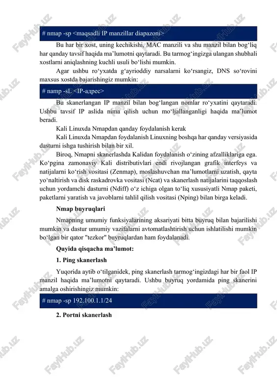 astga qarang). xost skanerini ishga tushirish tarmoqlaringizni skanerlashning yanada kuchli usuli bu xostni skanerlash uchun nmapdan foydalanishdir. ping skanerlashdan farqli o‘laroq, xostni skanerlash arp so‘rov paketlarini tarmog‘ingizga ulangan barcha xostlarga faol yuboradi. keyin har bir xost ushbu paketga uning holati va mac manzilini o‘z ichiga olgan boshqa arp paketi bilan javob beradi. xost skanerini ishga tushirish uchun quyidagi buyruqdan foydalaning: # nmap -sp bu har bir xost, uning kechikishi, mac manzili va shu manzil bilan bog‘liq har qanday tavsif haqida ma’lumotni qaytaradi. bu tarmog‘ingizga ulangan shubhali xostlarni aniqlashning kuchli usuli bo‘lishi mumkin. agar ushbu roʻyxatda gʻayrioddiy narsalarni koʻrsangiz, dns soʻrovini maxsus xostda bajarishingiz mumkin: # namp -sl bu skanerlangan ip manzil bilan bog‘langan nomlar ro‘yxatini qaytaradi. ushbu tavsif ip aslida nima qilish uchun mo‘ljallanganligi haqida ma’lumot beradi. kali linuxda nmapdan qanday foydalanish kerak kali linuxda nmapdan foydalanish linuxning boshqa har qanday versiyasida dasturni ishga tushirish bilan bir xil. biroq, nmapni …