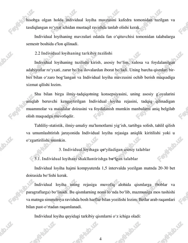 . 3.2. individual loyiha tarkibiy qismlariga bo‘lgan talablar 6 mundarijada individual loyihaning barcha qismlari (kirish, boblar, paragriflar, xulosa, foydalanilgan adabiyotlar) joylashgan sahifa nomerlari bilan birgalikda keltiriladi. kirish qismi hajmi 2-3 betni tashkil qiladi. unda tanlab olingan mavzuning dolzarbligi asoslanadi, tadqiqotning maqsadi, vazifalari, nazariy va metodologik asoslari yoritiladi. asosiy qismda mavzuning nazariy va uslubiy masalalari ko‘rib chiqiladi, statistik ma'lumotlar tahliliy natijalari yoritiladi, o‘rganilayotgan iqtisodiy jarayonlarning rivojlanish yo‘nalishlari va qonuniyatlari aniqlanadi, ularga ta'sir qiluvchi omillar o‘rganiladi hamda tadqiq qilinayotgan muammo va masalalarning yechimiga qaratilgan taklif va tavsiyalar ishlab chiqiladi. individual loyihada o‘rganilgan iqtisodiy jarayonlarni umumlashtirishga, muammolarning yechimiga qaratilgan ilmiy asoslangan taklif va tavsiyalarning bo‘lishi maqsadga muvofiqdir. individual loyihaning xulosa qismi 1-2 betdan iborat bo‘lib, unda talaba ilmiy tadqiqotning asosiy natijalari hamda o‘zining taklif va tavsiyalarini keltiradi. foydalanilgan adabiyotlar ro‘yxatida individual loyiha yozish davomida foydalanilgan manbalar ro‘yxati keltiriladi (3-4 ilovalar). ilovalarda asosiy matnni o‘qishni qiyinlashtirishi mumkin bo‘lgan jadvallar, grafiklar, hujjat nusxalari, diagrammalar keltiriladi. …