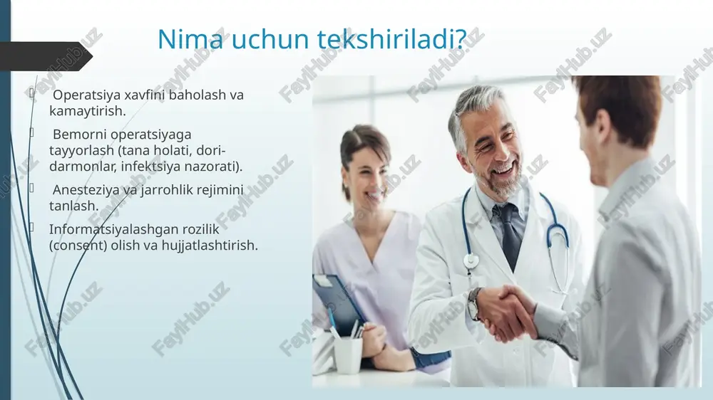 a- bemorning hayoti uchun bevosita xavf bo’lmagan, oldindan tayyorgarlik ko’rilgan holda bajariladigan operatsiya qorin churrasini olib tashlash(herniorafiya) o’smalarni olib tashlash oyoq varikoz venalarini davolash plastik jarrohlik amaliyoti xulosa: anamnez shifokorga kasallik sababini, kechikishini, va bemorning umumiy holatini tushunishga yordam beradi. bu jarayon diagnostikaning birinchi va eng muhim qadami xirurgik bemorlarni tekshirish operatsiyadan oldingi davrda juda muhim ahamiyatga ega. bu bosqichda bemorning umumiy ahvoli to‘liq o‘rganiladi. kasallik sababi va darajasi aniqlanadi. zarur laborator va instrumental tekshiruvlar o‘tkaziladi. olingan natijalarga ko‘ra bemor operatsiyaga tayyorlanadi. to‘g‘ri tayyorgarlik operatsiya vaqtida xavfni kamaytiradi. shuningdek, asoratlarning oldini olishga yordam beradi. shu bois har bir xirurgik bemorni tekshirish bosqichi puxta, izchil va ehtiyotkorlik bilan olib borilishi lozim. hech bir narsa bir zumda mukammal bo’lib qolmaydi, vaqt unga jilo beradi… e’tiboringiz uchun rahmat image1.jpg image2.jpg image3.jpg image4.jpg image5.png image6.jpg image7.jpg image8.jpg image9.jpg image10.jpg image11.jpg image12.jpg image13.jpg image14.jpg image15.jpg image16.jpg image17.jpg image18.jpg image19.jpg image20.jpg image21.jpg image22.jpg image23.jpg image24.jpg image25.jpg …