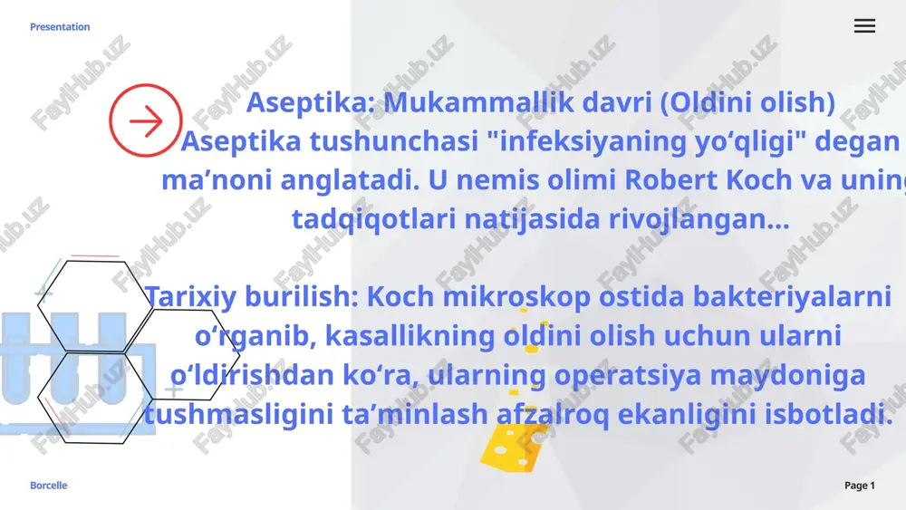 n sterilizatsiya protokollari. 01 02 03 04 05 kimyoviy antiseptika mexanik antiseptika fizikaviy antiseptika biokimyoviy antiseptika aralash antiseptika presentation antiseptika usullari borcelle presentation page 1 antiseptik kimyoviy moddalarni (antiseptiklar) qo'llash orqali mikroblarni yo'q qilish. povidon-yod, xlorheksidin, vodorod peroksid, spirtlar. yaradan ifloslanish, nekrotik (o'lik) to'qimalar va mikroorganizmlarni jismonan olib tashlash. yarani yuvish (antiseptik eritma bilan), debridment (o'lik to'qimalarni kesib olib tashlash), yaraga drenaj o'rnatish. yaradagi mikroblarga fizikaviy omillar orqali ta'sir qilish. gigroskopik bog'lovlar (yaradan namlikni tortib olish), gipertonik eritmalar (yaradan suyuqlikni tortib olish), ba'zan ultratovush yoki lazerdan foydalanish. tirik organizmlar yoki ularning mahsulotlaridan foydalanish. antibiotiklar (yaraga mahalliy berish), fermentlar (yiring va nekrotik to'qimalarni eritish uchun), bakteriofaglar (bakteriyalarni yo'q qiluvchi viruslar). yarani jismonan tozalash va qolgan mikroorganizmlarni kimyoviy yo'l bilan yo'q qilish. kimyoviy fizikaviy aralash mexanik biokimyoviy borcelle presentation page 1 sterilizatsiya va dezinfeksiya infeksiyani nazorat qilishning asosiy usullari boʻlsa-da, ular orasida juda muhim farq bor. bu farq ularning maqsadi, qoʻllanish joyi …