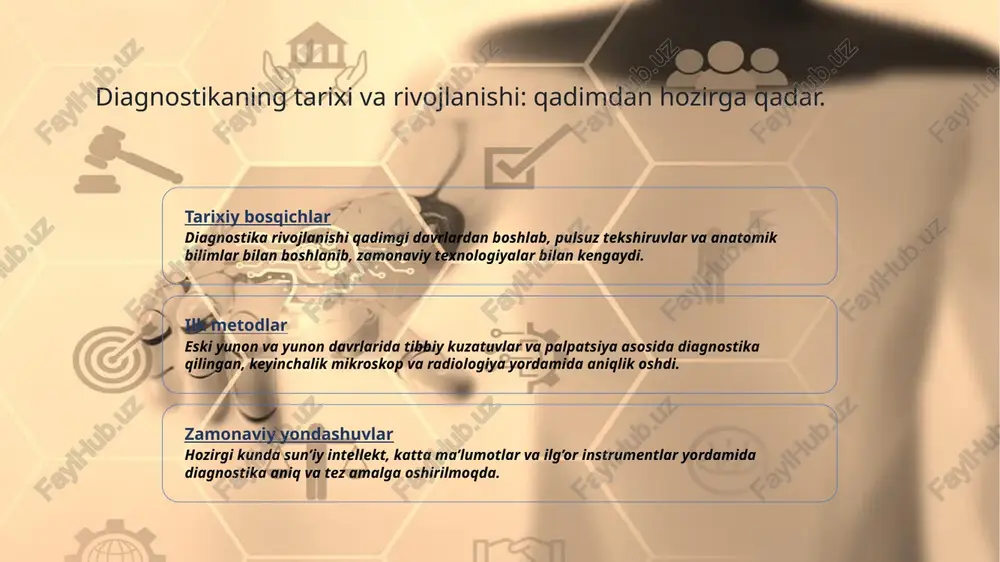 niyatlar yaratadi. bu, ayniqsa, kechikkan tashxislar va murakkab kasalliklarning oldini olishda muhimdir. 02 avtomatlashtirilgan tizimlar zamonaviy diagnostik asboblar avtomatlashtirilgan va real vaqt rejimida ma'lumotlarni tahlil qilish imkonini beradi. bu esa, shifokorlarga mos va aniq tashxis qilishda yordam beradi. 03 moslashuvchan va interaktiv yangi asboblar shifokorlar va pacientlar uchun interaktiv imkoniyatlar yaratadi. bu, diagnostika jarayonini samarali va qulay qilish uchun muhim rol o‘ynaydi. xulosa 1 zamonaviy diagnostika usullari va texnologiyalar zamonaviy tibbiyotda ilg’or texnologiyalar va diagnostika usullari kasalliklarni erta aniqlash va davolashda muhim rol o’ynaydi, shuningdek, bemor xavfsizligini ta’minlaydi. 2 axborot texnologiyalari va elektron tizimlarning roli elektron sog‘liqni saqlash tizimlari ma'lumotlarni xavfsiz saqlash, boshqarish va uzatishni osonlashtiradi, diagnostika jarayonlarini tezlashtiradi hamda aniqligini oshiradi. 3 innovatsion texnologiyalar va kelajak imkoniyatlar yangi texnologiyalar va robotik tizimlar yordamida kasalliklarni erta tashxis qilish va shaxsiylashtirilgan davolash imkoniyatlari kengayib, sog‘liqni saqlashni rivojlantirmoqda. foydalanilgan adabiyotlar 1. o‘zbekiston respublikasi sog‘liqni saqlash vazirligi. zamonaviy tibbiy diagnostika usullari va texnologiyalari. …