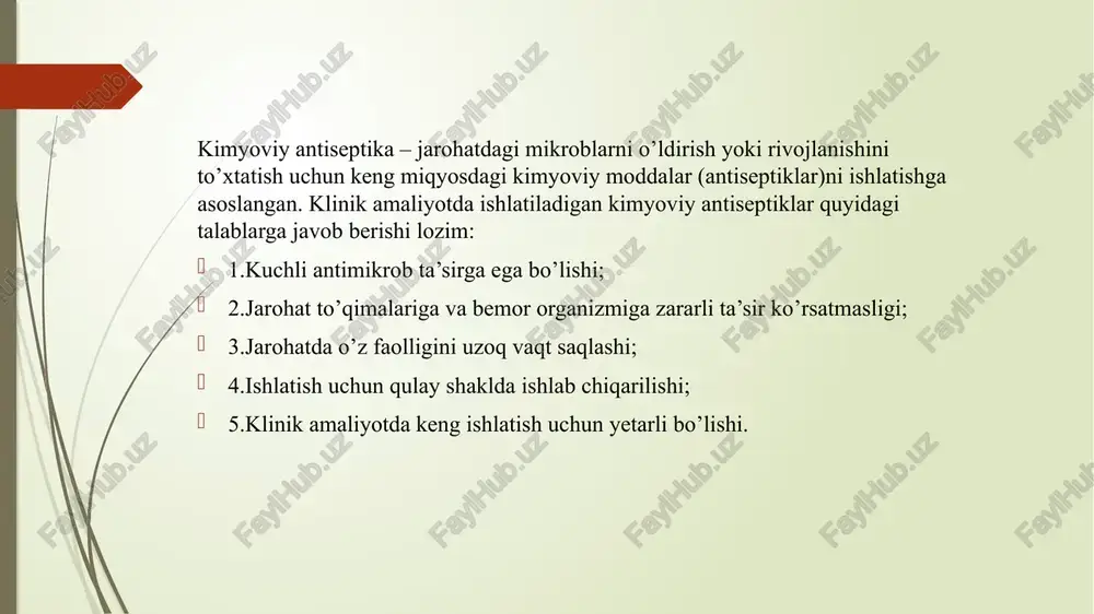 alar) vositalar kiradi. bundan tashqari biologik antiseptikaga proteolitik fermentlar ham kiradi. antibiotiklar mikrob hujayralarining ko’payishi va rivojlanishini to’xtatadi va ular bilan kurash uchun qulay sharoitlar yaratadi.antibiotiklarning guruhlari: 1.penitsillin guruhi 5.makrolid guruhi 2.streptomitsin guruhi 6.aminoglikozidlar 3.tetrasiklinlar guruhi 7.sefalosporinlar guruhi 4.levomitsetin guruhi 8.zamburug’larga qarshi antibiotiklar antibiotiklarning ba’zi guruhlari haqida karbopenemlar guruhi:imipenem, pleropenem, tienam levomitsetin guruhi:levomitsetin sintomitsinva b. bu guruh antibiotiklari keng ta’`sir miqyosiga ega bo`lib, penitsillin va streptomitsin shtammlariga bardoshli bakteriyalrga nisbatan samarali hisoblanadi. zamburug’larga qarshi antibiotiklar: nistatin, levorin, amfoteritsin b va b. makrolid guruhi:eritromitsin, oleandomitsin fosfat, oletetrin, olemorfotsikin va b. bular gr+ bakteriyalarga ta`sir qilib, gr- larga sust ta`sir ko`rsatadi. sefalosporinlar guruhi:sefaloridin, seporeks, sefalotin, sefazolin. vaksinalar- mikroblar va ular hayot faoliyati mahsulotlaridan olinadigan mahsulotlar bo`lib, davo yoki profilaktik maqsadida faol immunizatsiya qilish uchun ishlatiladi turlari: 1.tirik 2.o`lik 3.anatoksinlar 4.toksinlar 5.kimyoviy tarkibiga kiruvchi antigenlariga ko`ra: a)monovaksina- muayyan bironta infeksiyaga qarshi immunizatsiya uchun b)divaksina- ikkita infeksiyaga qarshi immunizatsiya uchun c)polivaksina zardoblar- mikrob yoki …