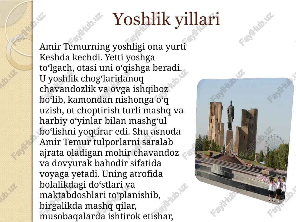 . saraxs, jom va qavsiya shaharlari jangsiz taslim bo‘ladi. 1381-1384-yillar davomida eronning katta qismi bo‘ysundiriladi. avval (1381) kalot, turshiz va sabzavor, keyin (1383) seistonning zireh, zova, farah va bust qal`alari, 1384-yilda esa astrobod viloyati va ozarbayjonning omul, sori, sultoniya va tabriz shaharlari bo‘ysundiriladi. amir temur eron, ozarbayjon, iroq va shom (suriya) ustiga uch marta lashkar tortdi. amir temur 35 yil davomida mamlakatni boshqardi. ko‘pdan-ko‘p harbiy yurishlar va jang‘u jadallarni amalga oshirdi. ko‘p mamlakatlar zabt etildi. oqibatda hindiston hamda xitoydan qora dengizga qadar va orol dengizidan fors qo‘ltig‘iga qadar bo‘lgan g‘oyat katta hududni qamrab olgan ulkan saltanatni vujudga keltirdi. bundan tashqari, kichik osiyo, suriya, misr va quyi volga, don bo‘ylari, balxash ko‘li va ila daryosi, shimoliy hindistongacha bo‘lgan mamlakatlarni o‘ziga bo‘ysundirdi. bu mamlakatlardan amir temur katta o‘ljalar bilan bir qatorda ko‘zga ko‘ringan olimlar, hunarmandlar va mohir ustalarni samarqand, shahrisabz va buxoroga ko‘chirib olib keldi. bu shahar va qishloqlar obod qilindi. u …
