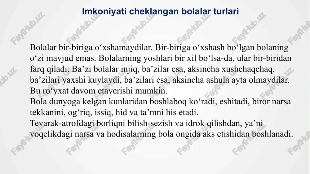 lmaydigan bolalar; markaziy asab tizimiga shikast yetganligi tufayli siydik va najasini ushlab turolmaydigan bolalar -aqli o‘ta zaif bolalar (imbitsil,idiotiya darajasidagi oligofreniya) tez-tez takrorlanadigan epileptik tutqanoqdan aziyat chekadigan (epileptik demensiya, kunduzgi va tungi vaqtlarda tutqanog‘i tez-tez takrorlanadigan) bolalar; xulq-atvorida og‘ir buzilishlar, hissiy-irodaviy sohasida (organik) buzilishlar (nuqsonlari) bo‘lgan bolalar; ko‘r-kar bolalar inklyuziv ta’lim sinflari va boshlang‘ich tayanch korreksion sinflarga quyidagi toifadagi bolalar qabul qilinmaydi: aqliy qoloqlikni belgilashda klinik, psixologik va pedagogik mezonlarni tafovut qilmoq kerak. klinik mezon-aqliy qoloqlik va bu markaziy asab sistemasining qanday organik kasalliklariga aloqador-ligini, psixologik mezon-bilish faoliyatining turg‘un buzilganligini; pedagogik mezon-o‘zlashtirish qobiliyati past bo‘lib, bolaning dastur materiallarini o‘zlashtira olmasligini ifodalaydi. bolaning intellektual, ya’ni aqliy rivojlanishida turli nuqsonlar kuzatilishi mumkin. ilgari aqli zaif deb nomlanar edi. oligofreniya yunoncha oligos – kam, oz; fren – aql so‘zlaridan olingan bo‘lib, esi past, aqli past demakdir. oligofren bolalar markaziy asab sistema-sining organik kasalliklari natijasida bilish faoliyati pasayib ketishi bilan boshqa alohida yordamga muhtoj …