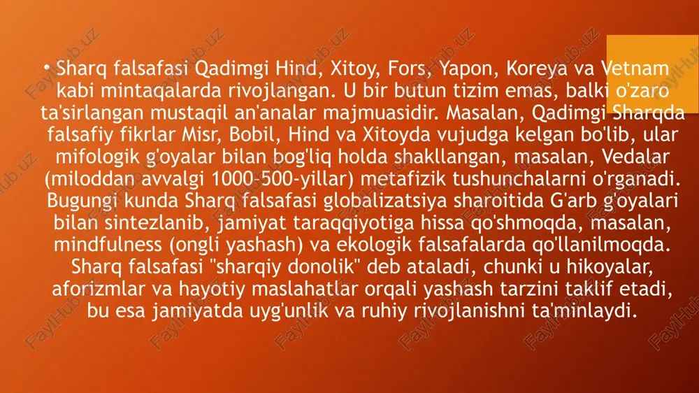 gi va aql birligi deb hisoblagan. asosiy faylasuflar va ularning hissalari al-beruniy (973-1048): empirik metodni rivojlantirgan, “hindiston” va “qadimgi xalqlardan qolgan yodgorliklar” asarlarida tabiatni ob’ektiv qonunlar bilan o‘rgangan, astronomik asboblarni takomillashtirgan. asosiy faylasuflar va ularning hissalari ibn sino (avitsenna, 980-1037): 300 dan ortiq asar muallifi, “tib qonunlari”da tibbiyotni tizimlashtirgan, olamni azaliy deb hisoblagan, mohiyatni uch tarzda izohlagan. uyg‘onish davrining xususiyatlari sharq uyg‘onish davri (ix-xii asrlar) ilm-fan va madaniyatning yuksalish davri bo‘lib, “sharq renessansi” deb ataladi. asosiy xususiyatlari: ilmiy va madaniy markazlarning rivoji: bag‘dodda “bayt al-hikma” (donishmandlar uyi), buxoro va samarqandda kutubxonalar tashkil etilgan, yuz minglab kitoblar yig‘ilgan. fanlarning taraqqiyoti: matematika (al-xorazmiy algebra asoschisi), astronomiya (al-beruniy), tibbiyot (ibn sino), geografiya va falsafa rivojlangan insonparvarlik va ma’rifatparvarlik: barcha odamlarni ma’rifatli qilishga intilish, aql kuchiga ishonish, inson fazilatlarini ulug‘lash. xulosa xulosa qilib aytganda, sharq falsafasi insoniyatga uyg'unlik, axloq va ruhiy rivojlanishni o'rgatadi. uning ijtimoiy taraqqiyotdagi roli ulkan – u axloqiy asoslar, davlat tizimlari …